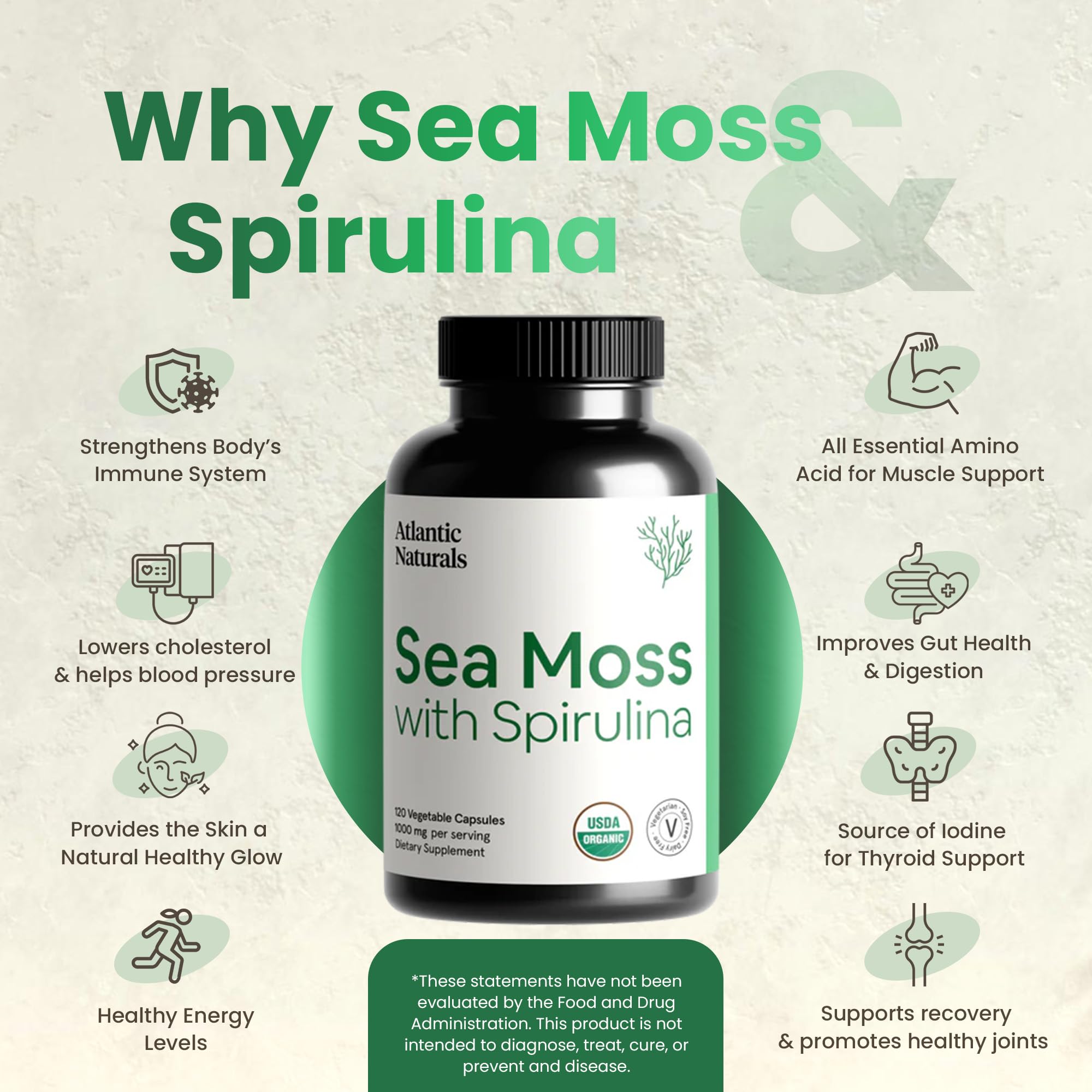 Foto 5 pulgar | Suplemento De Musgo Marino De Atlantic Naturals Con Espirulina 120 Cápsulas - Venta Internacional.