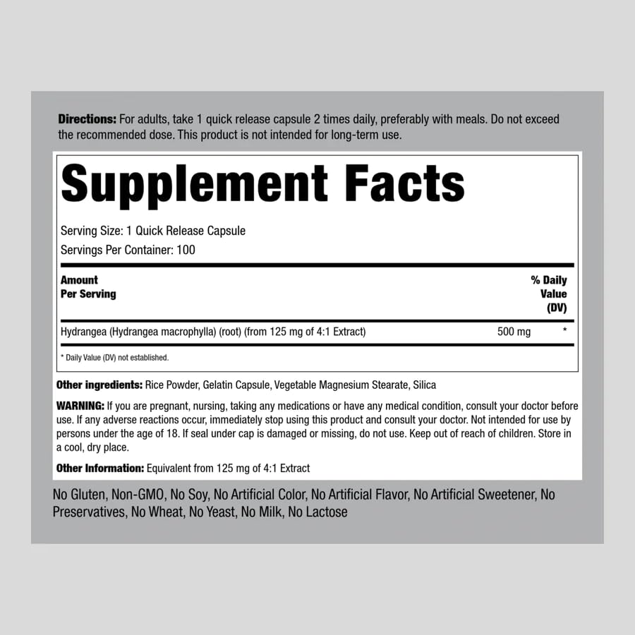 Foto 3 pulgar | Suplemento Piping Rock Hydrangea Root 500 Mg 100 Cápsulas - Venta Internacional.