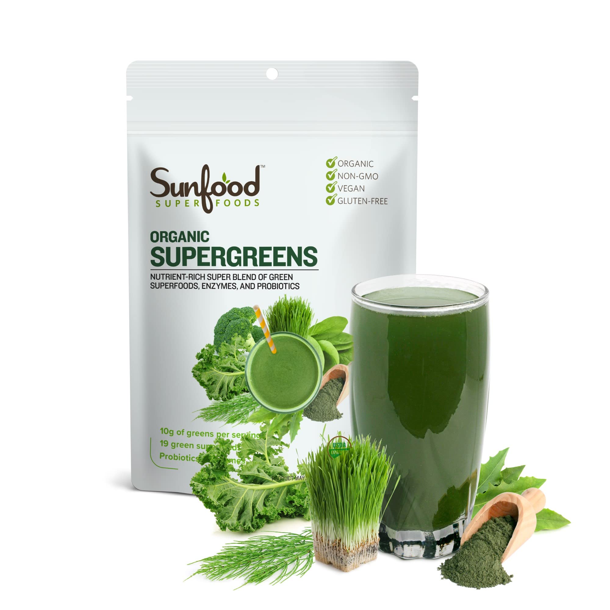 Foto 2 pulgar | Super Greens En Polvo Sunfood Superfoods, 240 Ml Con Probiótico - Venta Internacional.