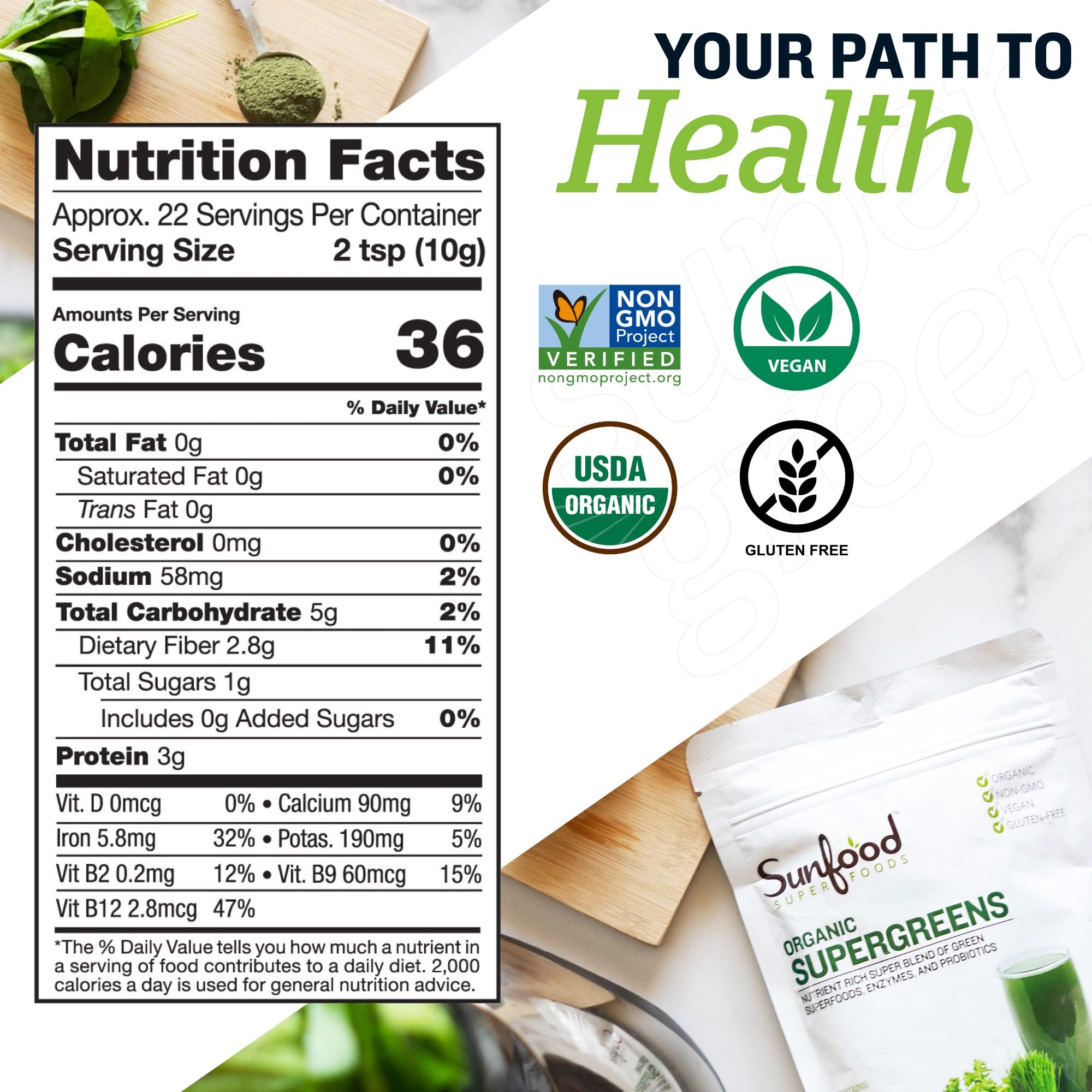 Foto 2 | Super Greens En Polvo Sunfood Superfoods, 240 Ml Con Probiótico - Venta Internacional.
