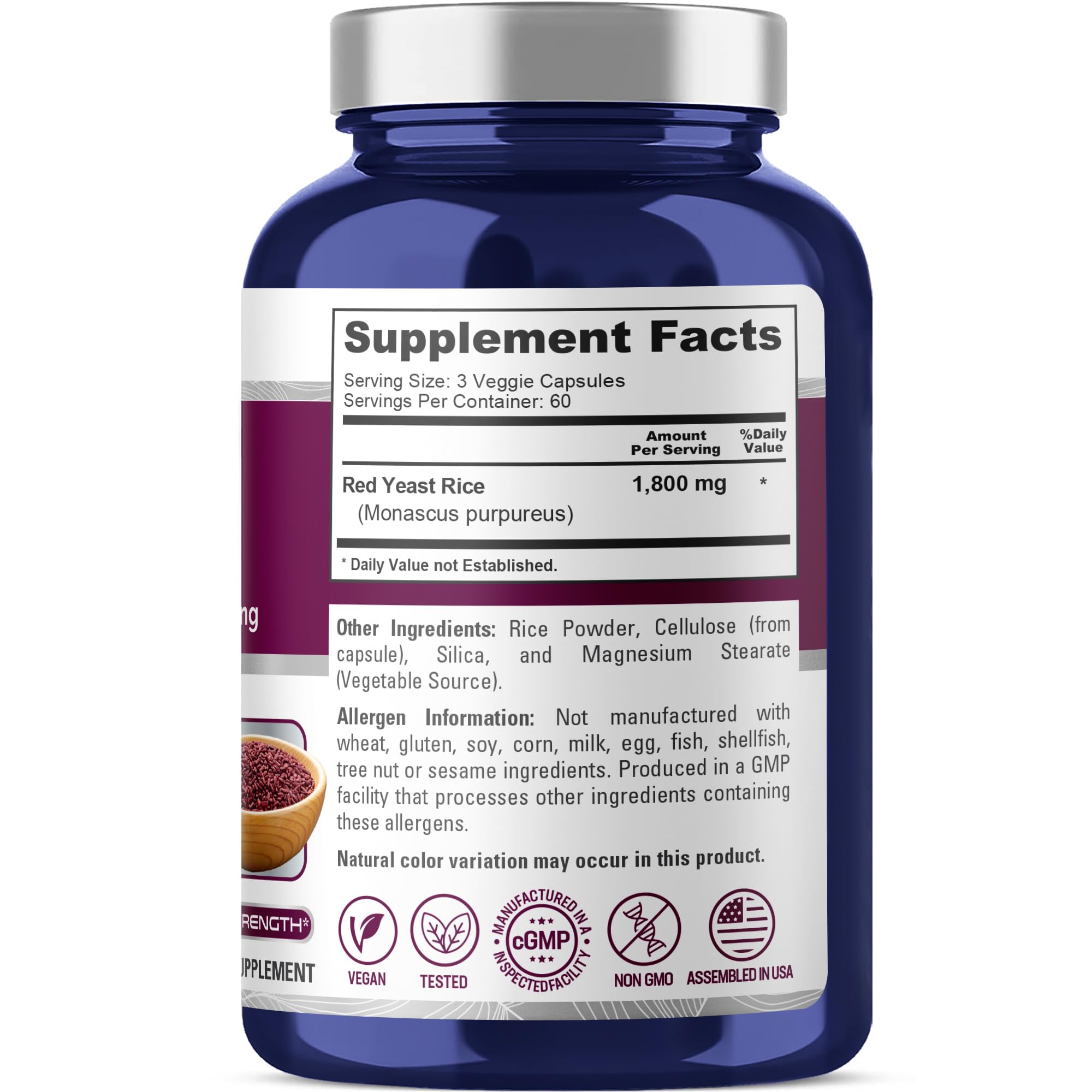 Foto 3 pulgar | Suplemento De Arroz De Levadura Roja Nusapure 1800 Mg 180 Cápsulas - Venta Internacional.
