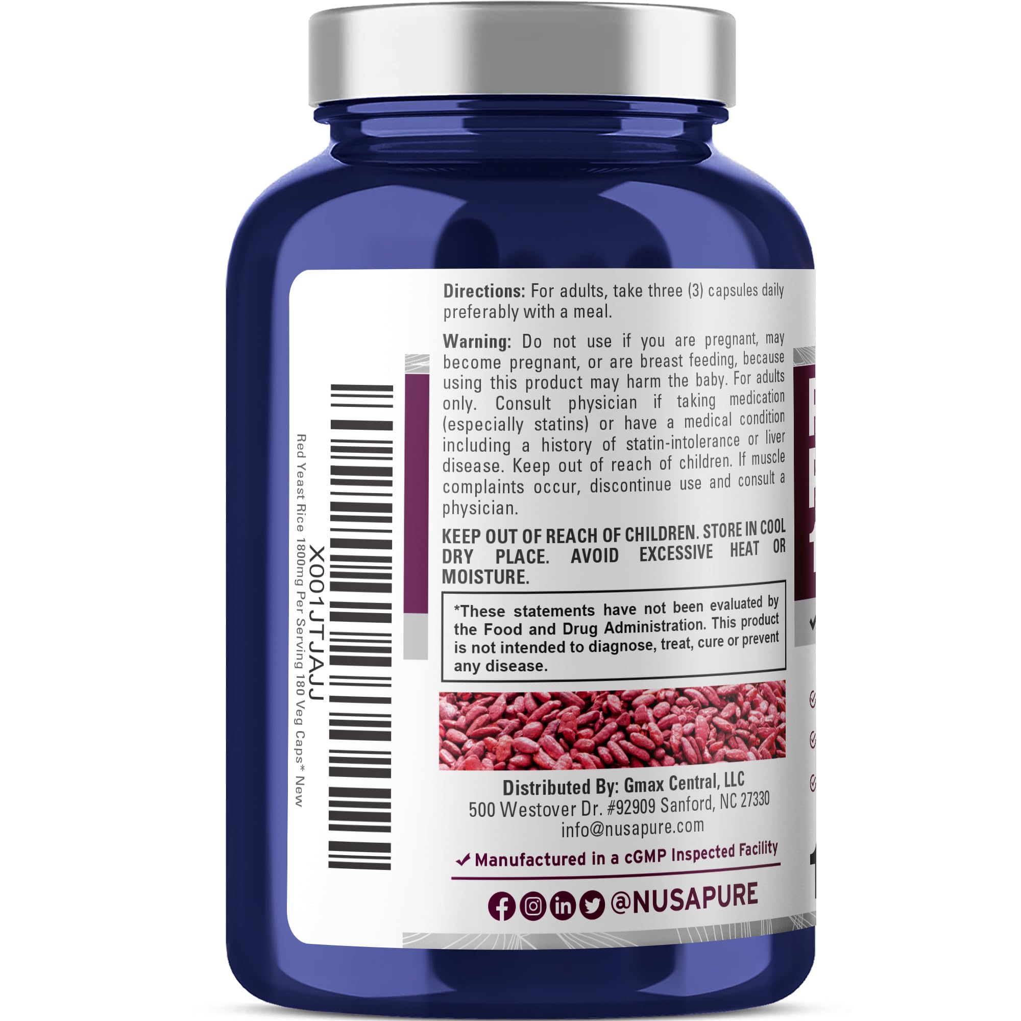Foto 4 pulgar | Suplemento De Arroz De Levadura Roja Nusapure 1800 Mg 180 Cápsulas - Venta Internacional.