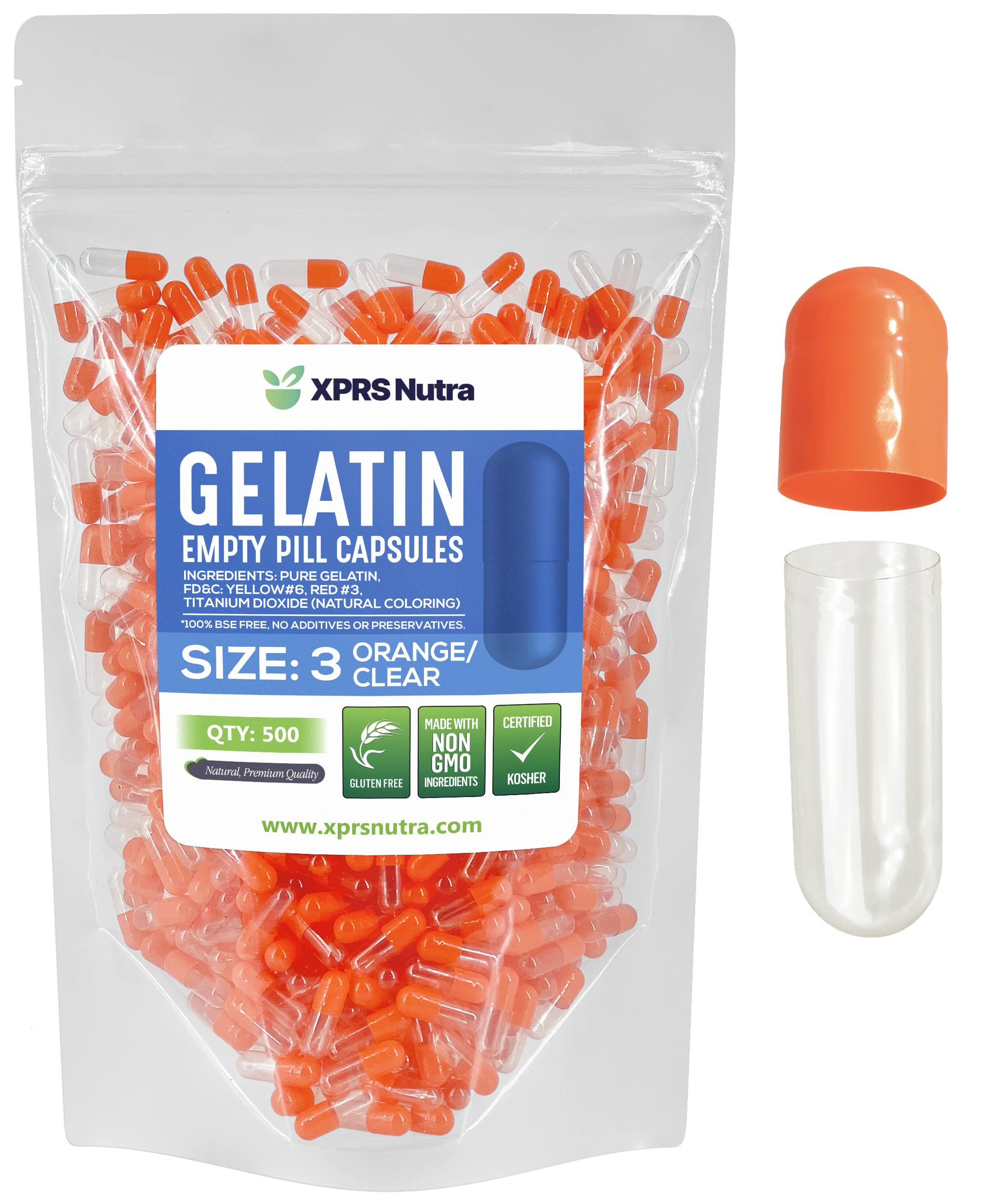 Cápsulas Vacías Xprs Nutra Tamaño 3, 500 Unidades, Gelatina Naranja - Venta Internacional.