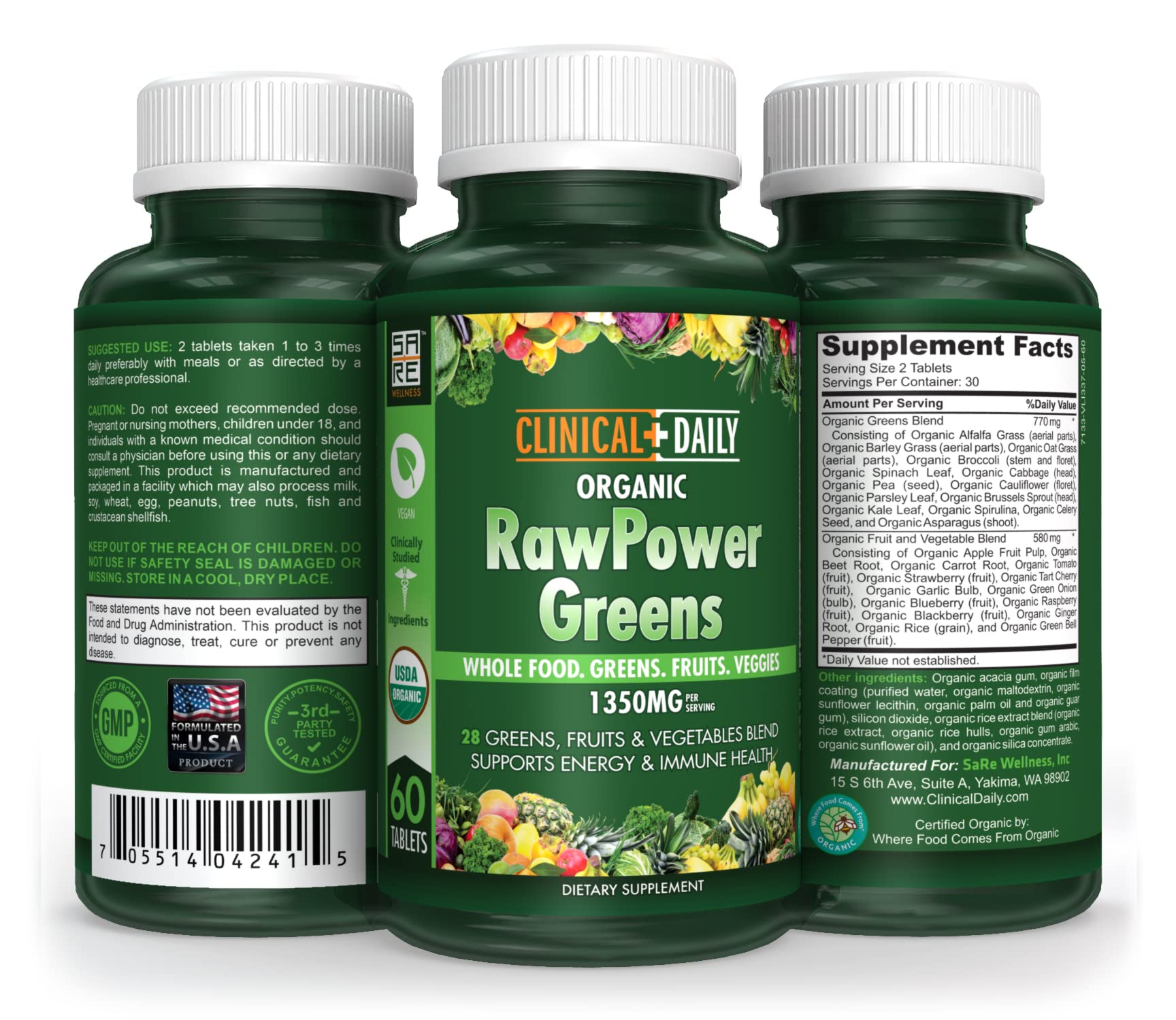 Foto 3 pulgar | Suplemento Clinical Daily Raw Power Greens Organic 60 Comprimidos - Venta Internacional.