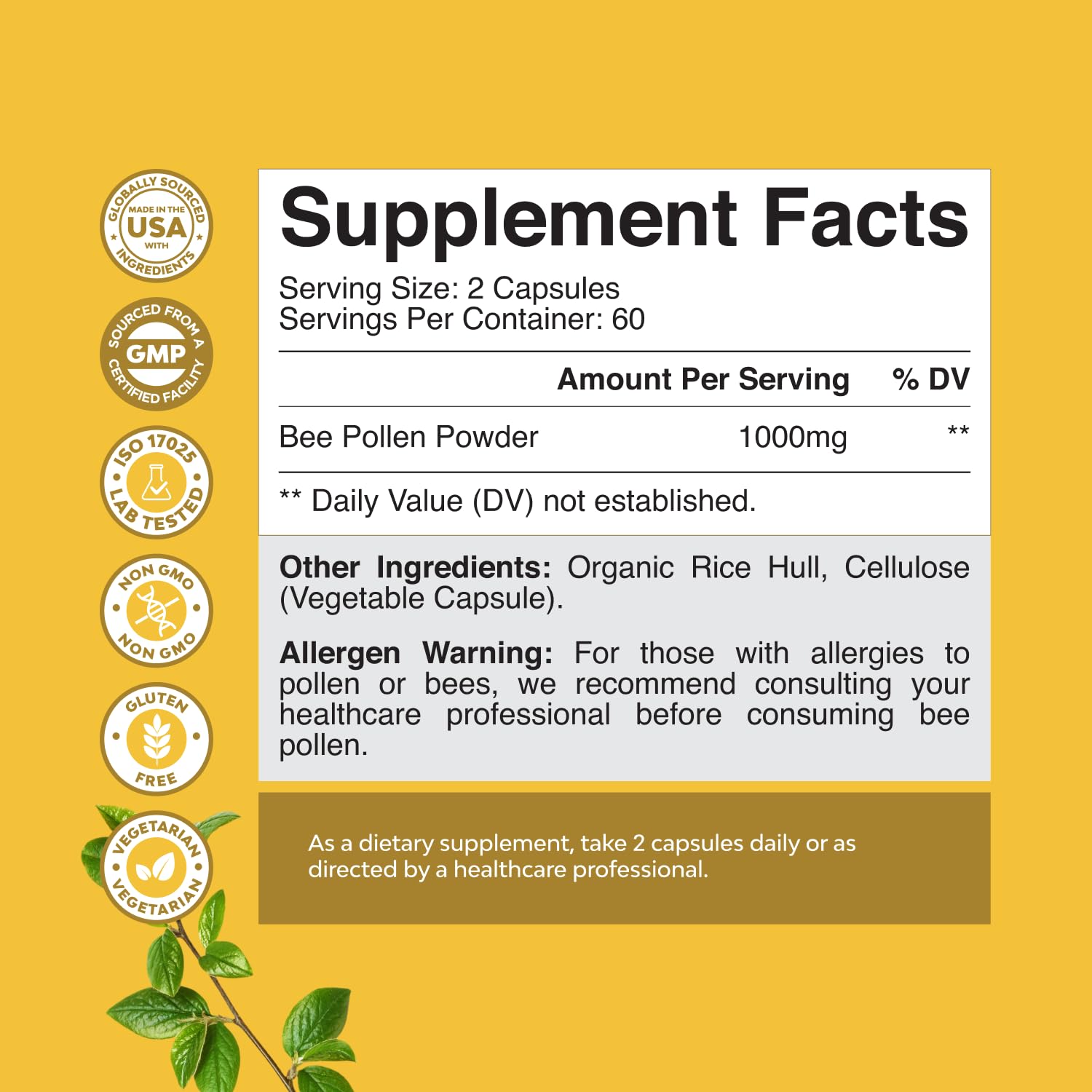 Foto 3 pulgar | Suplemento De Polen De Abeja Artesanal De Natures, 1000 Mg, 60 Porciones - Venta Internacional.