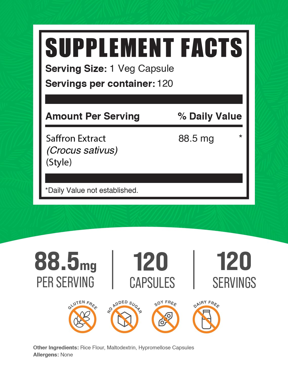 Foto 3 pulgar | Suplemento Bulksupplements.com Extracto De Azafrán 88,5 Mg 120 Cápsulas - Venta Internacional.
