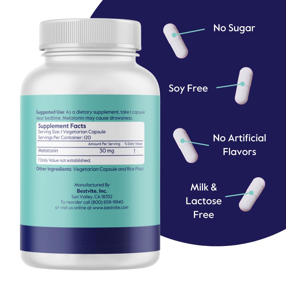 Foto 3 pulgar | Suplemento Bestvite Melatonin 30 Mg 120 Cápsulas Veganas - Venta Internacional.