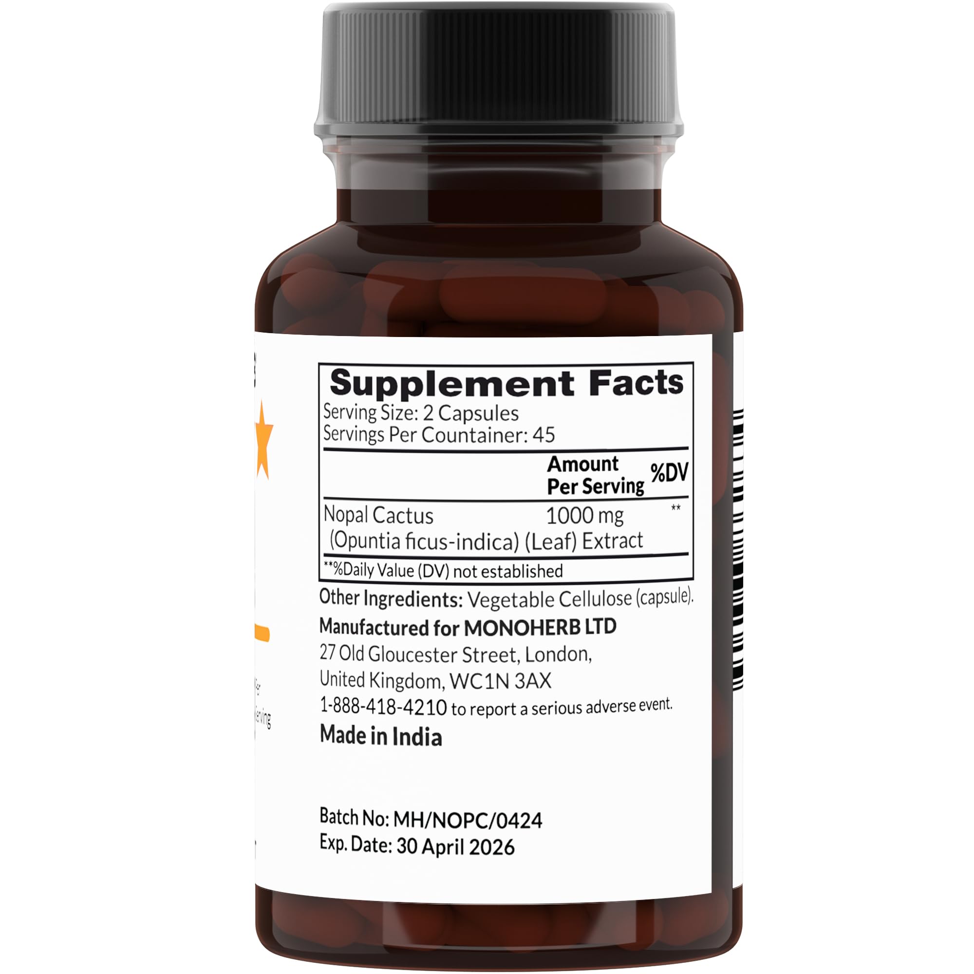 Foto 3 pulgar | Suplemento Monoherb Nopal Cactus 1000 Mg 90 Cápsulas Vegetarianas - Venta Internacional.