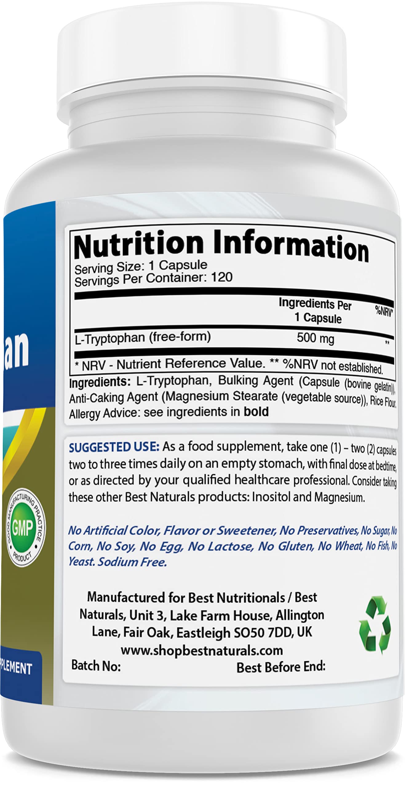 Foto 3 pulgar | Suplemento Best Naturals L-triptófano 500 Mg 120 Cápsulas X 2 - Venta Internacional.
