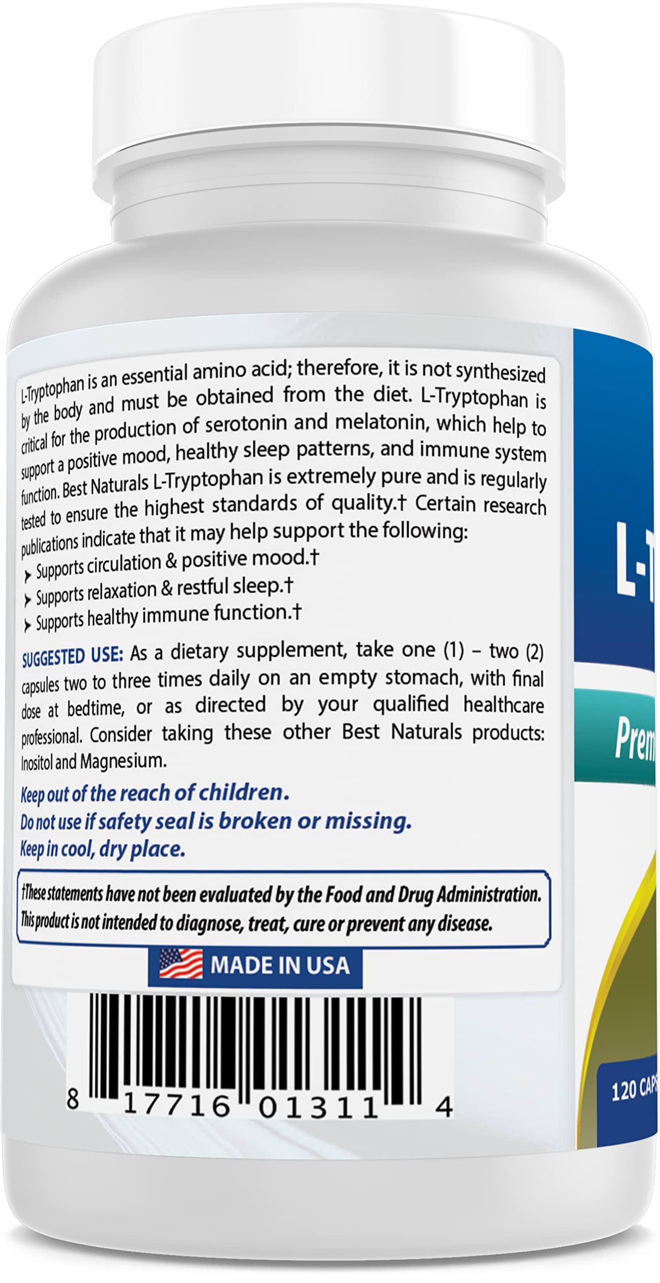 Foto 7 pulgar | Suplemento Best Naturals L-triptófano 500 Mg 120 Cápsulas X 2 - Venta Internacional.
