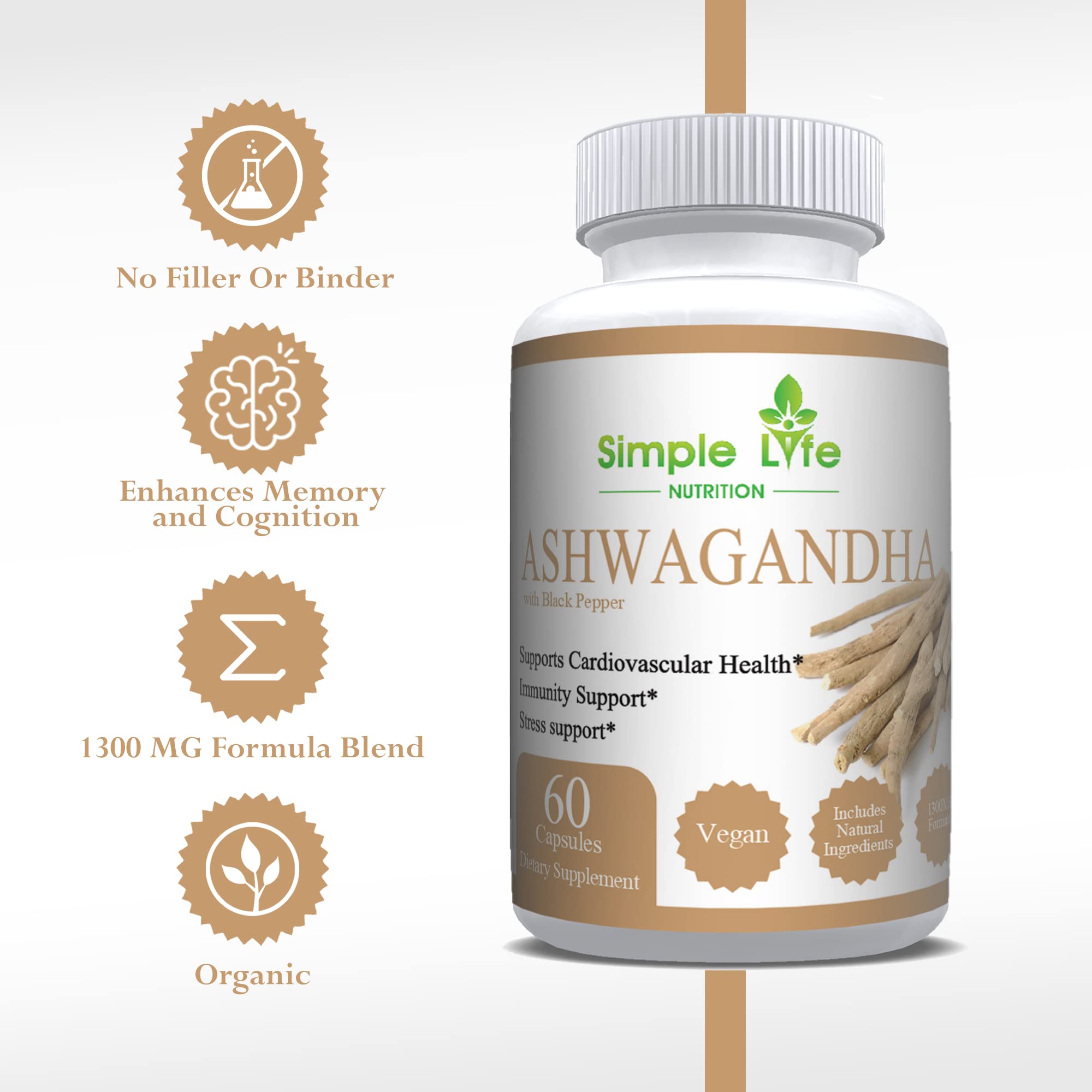 Foto 3 pulgar | Suplemento De Ashwagandha Orgánica Simple Life Nutrition 1300 Mg - Venta Internacional.