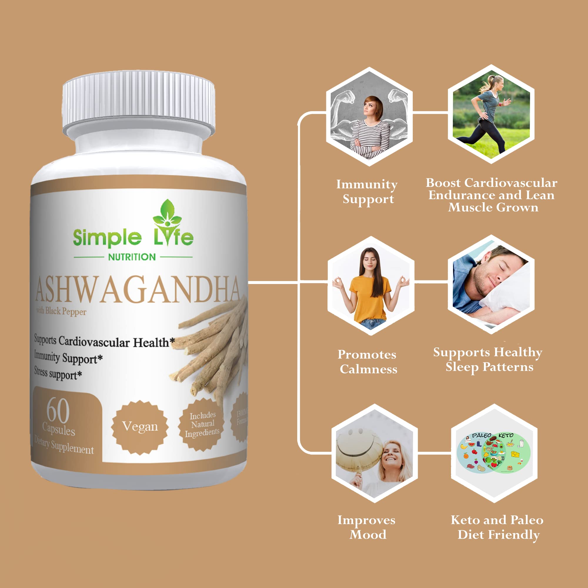 Foto 4 pulgar | Suplemento De Ashwagandha Orgánica Simple Life Nutrition 1300 Mg - Venta Internacional.