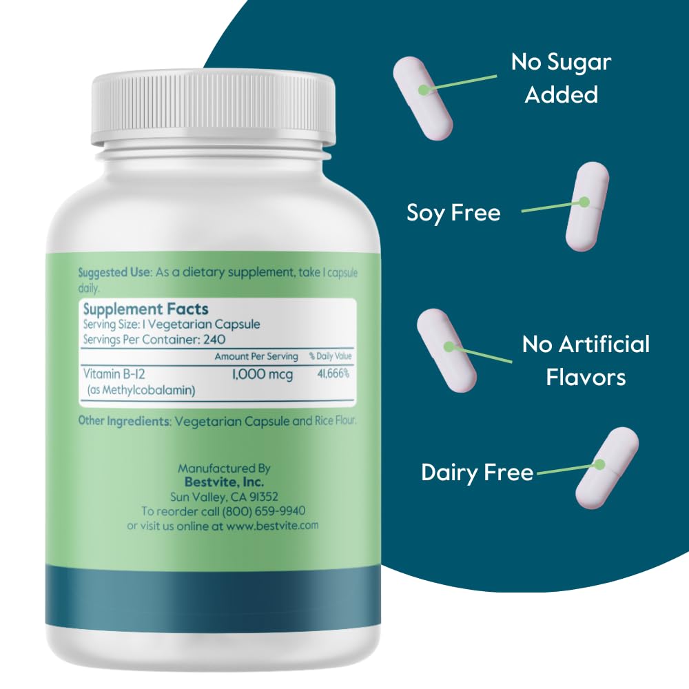 Foto 2 | Vitamina B12 Bestvite Metilcobalamina 1000 Mcg 240 Cápsulas - Venta Internacional.