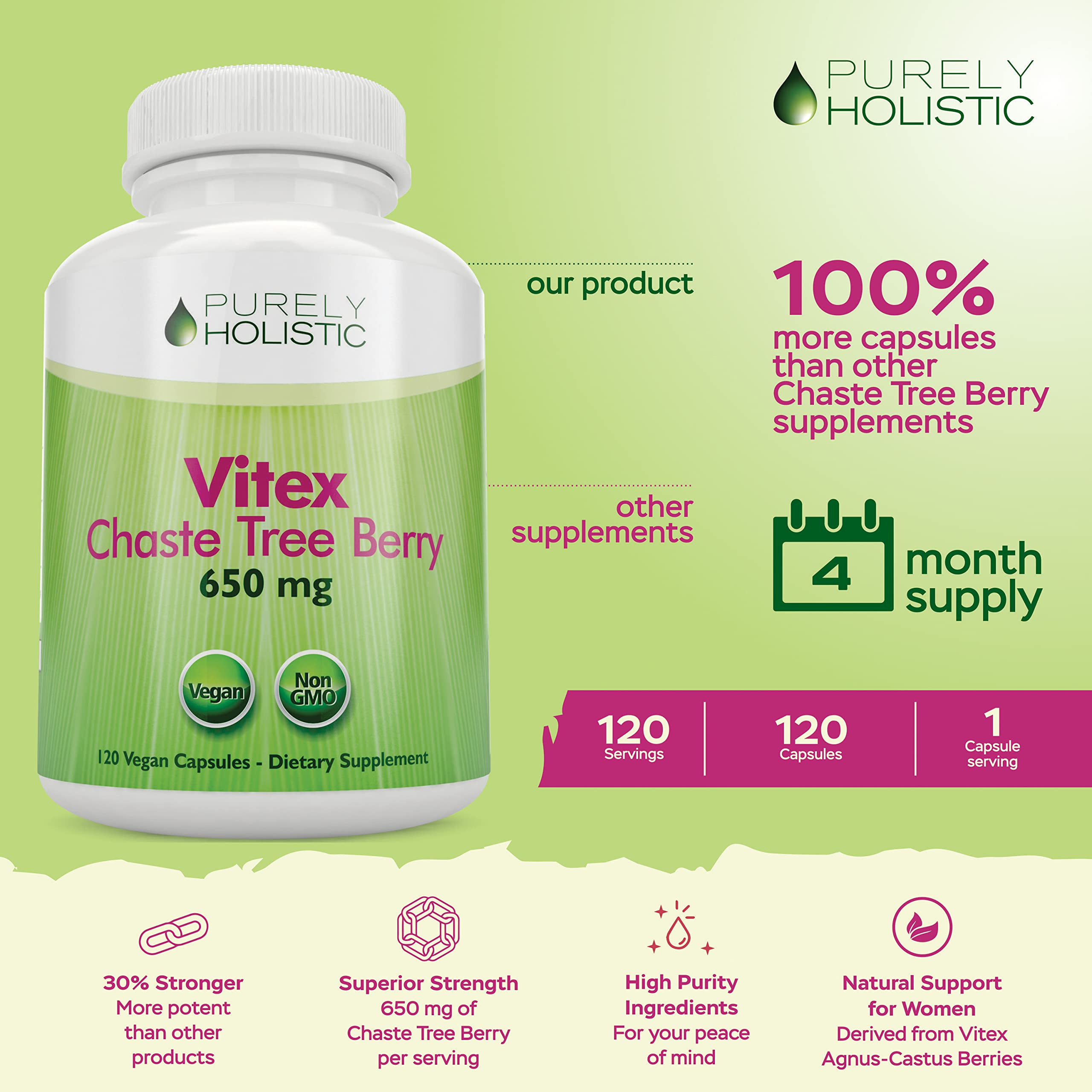 Foto 3 pulgar | Suplemento Purly Holistic Sauzgatillo Vitex 650 Mg 120 Cápsulas - Venta Internacional.
