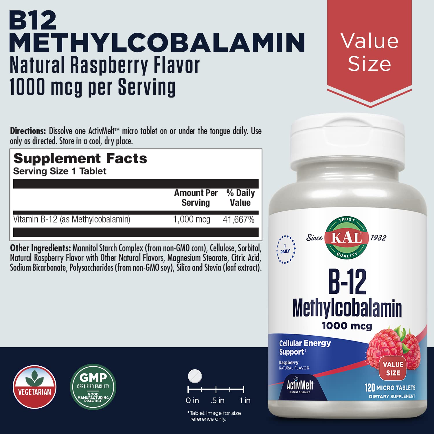 Foto 3 pulgar | Suplemento Kal De Vitamina B12, Metilcobalamina, 1000 Mcg, 120 Tabletas - Venta Internacional.