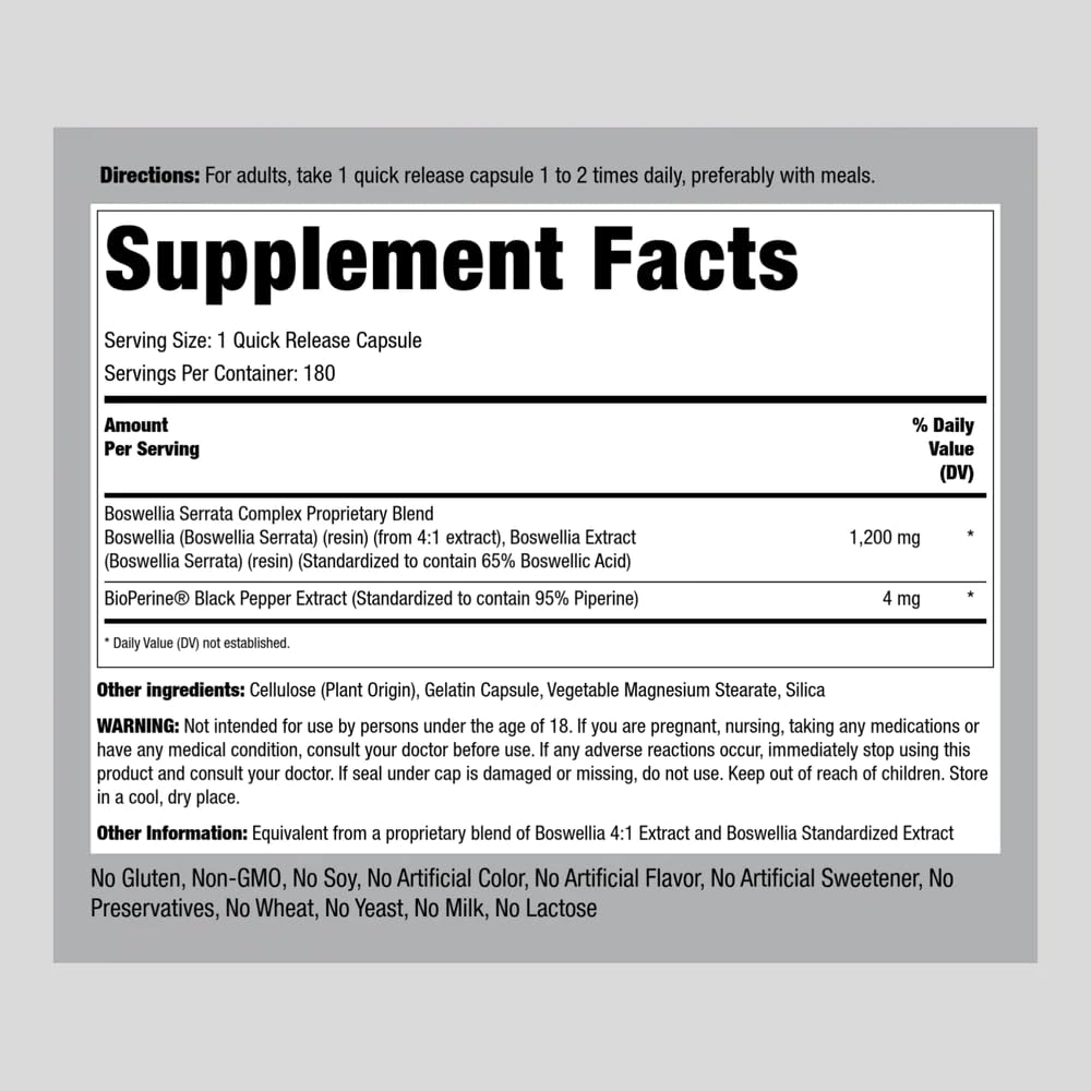 Foto 3 pulgar | Suplemento: Extracto De Boswellia De Piping Rock, 1200 Mg, 180 Cápsulas - Venta Internacional.
