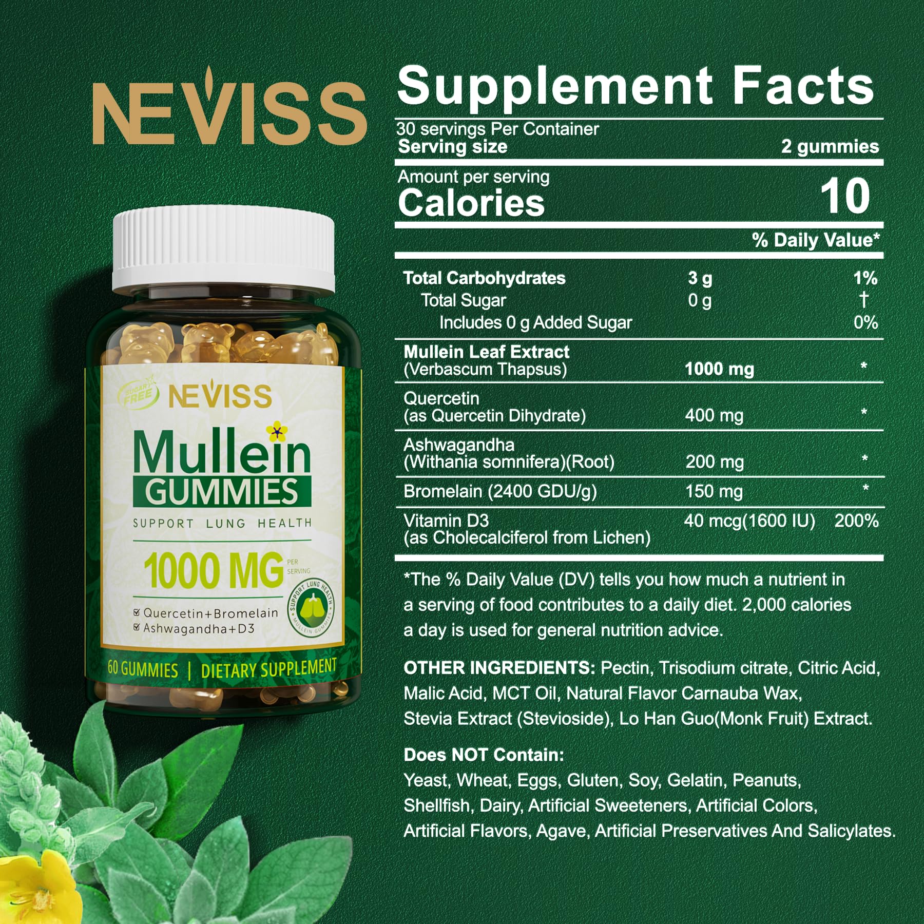 Foto 3 pulgar | Suplemento De Extracto De Hoja De Gordolobo Neviss, 1000 Mg, Gomitas, 60 Unidades - Venta Internacional.