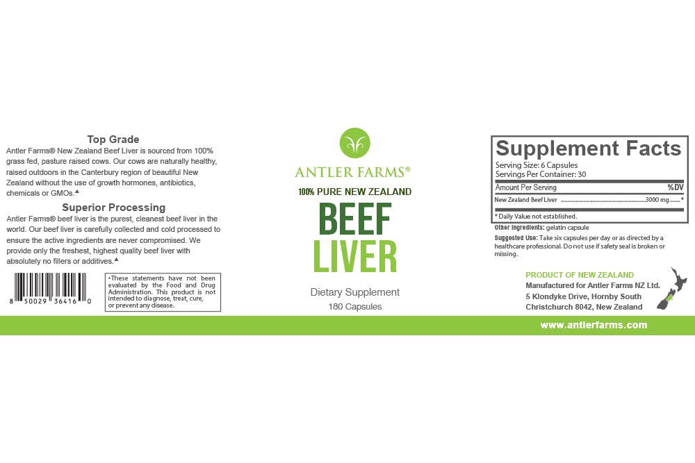 Foto 3 pulgar | Suplemento Antler Farms De Hígado De Res 100% Puro De Nueva Zelanda, 180 Cápsulas, 500 Mg - Venta Internacional.