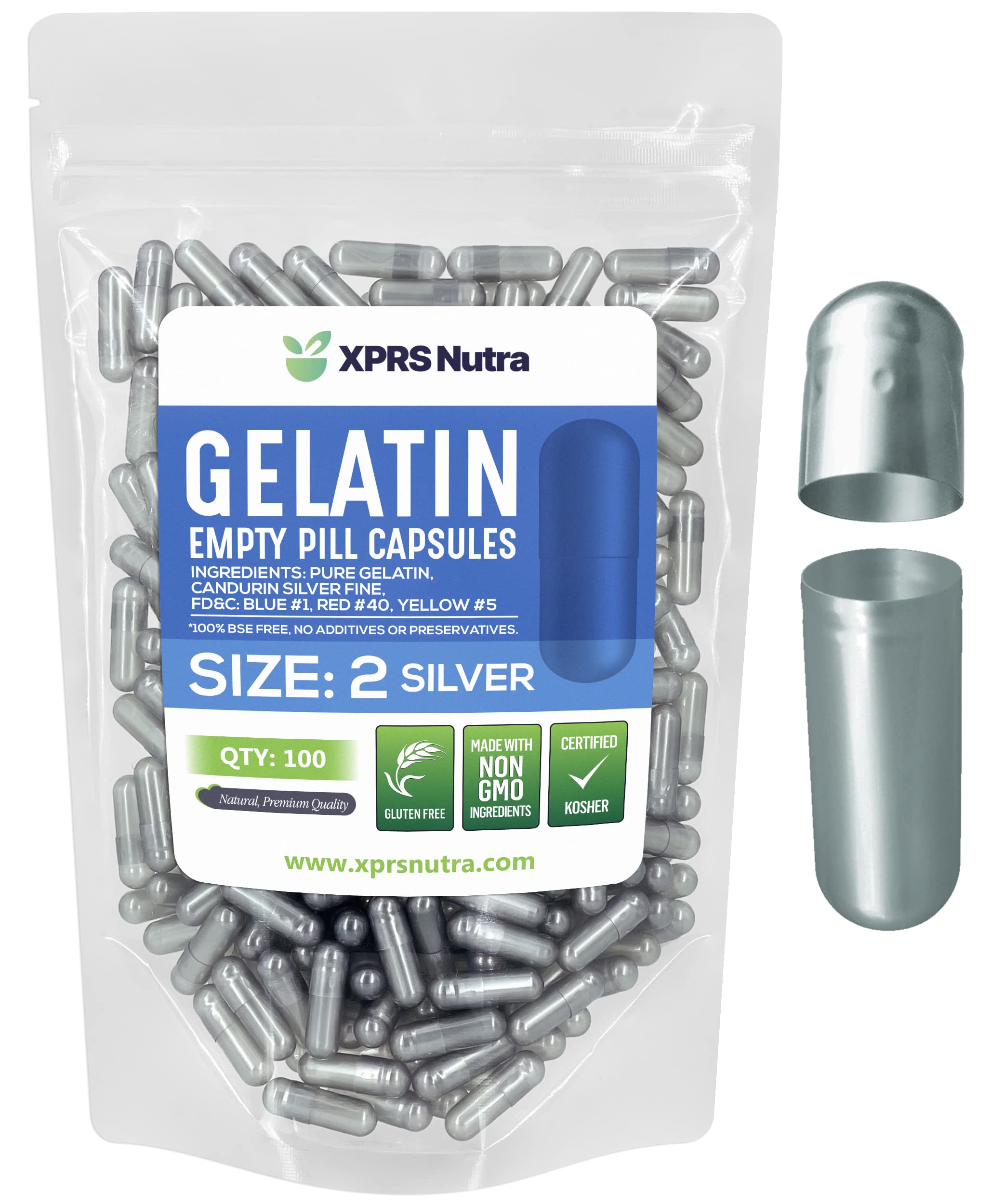 Cápsulas Vacías Xprs Nutra Tamaño 2, 100 Unidades, Gelatina Plateada - Venta Internacional.