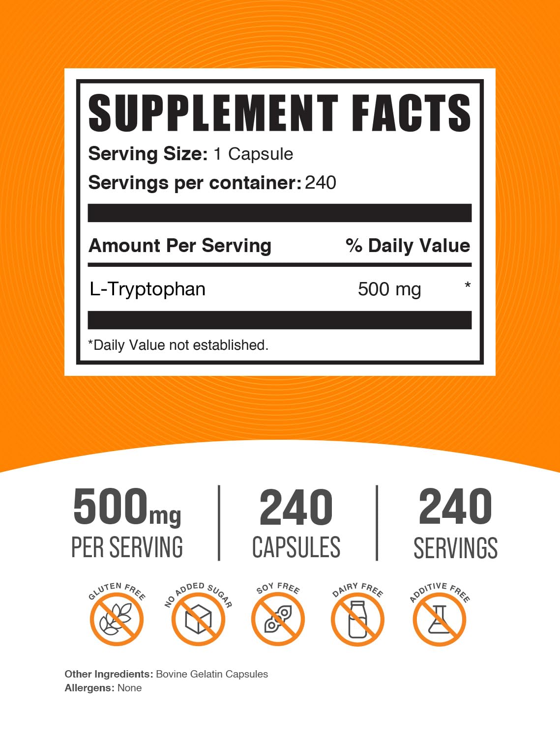 Foto 3 pulgar | Suplemento Bulksupplements.com L-triptófano 500 Mg 240 Cápsulas - Venta Internacional.
