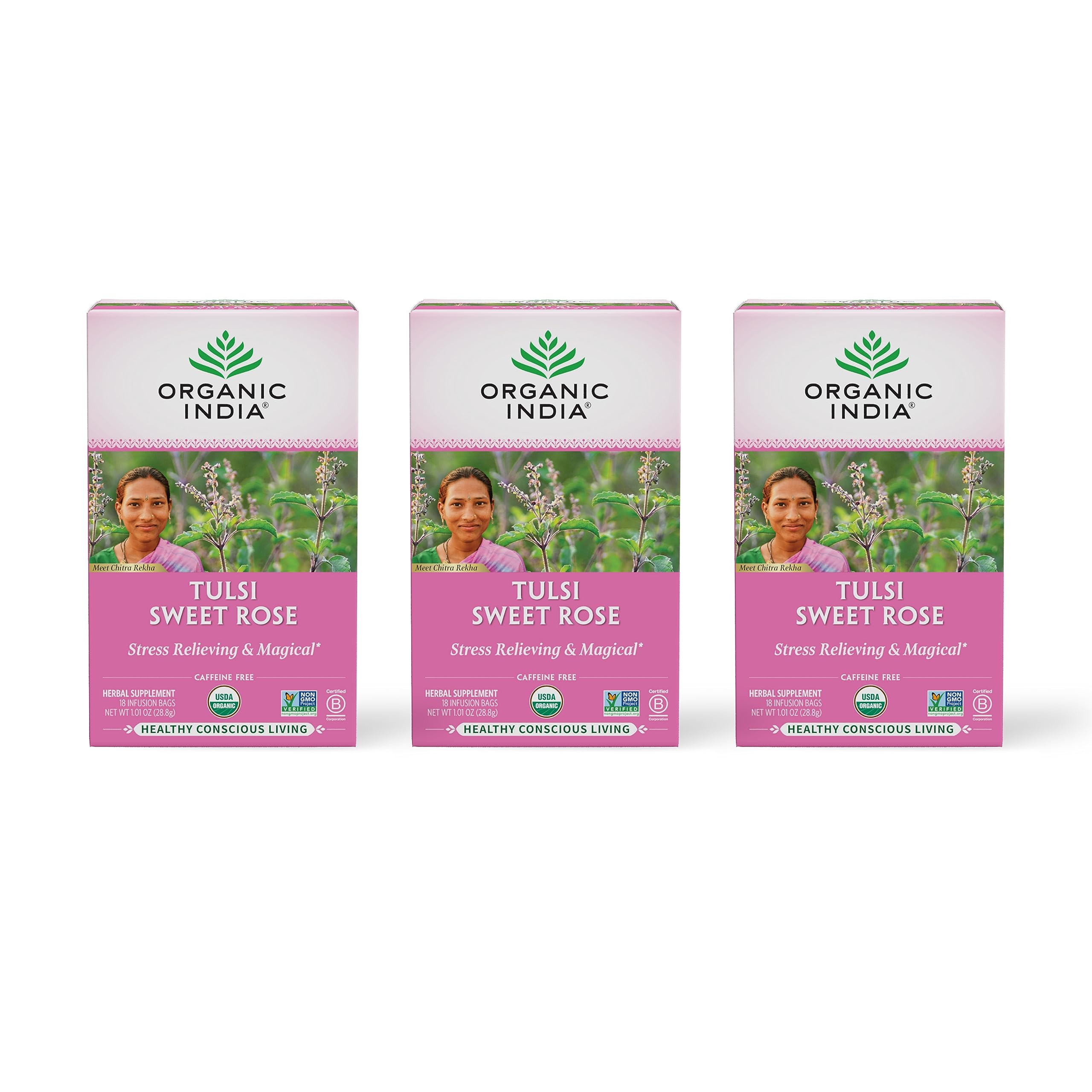 Foto 2 pulgar | Té De Hierbas Organic India Tulsi Sweet Rose, 18 Bolsas, Paquete De 3 - Venta Internacional.