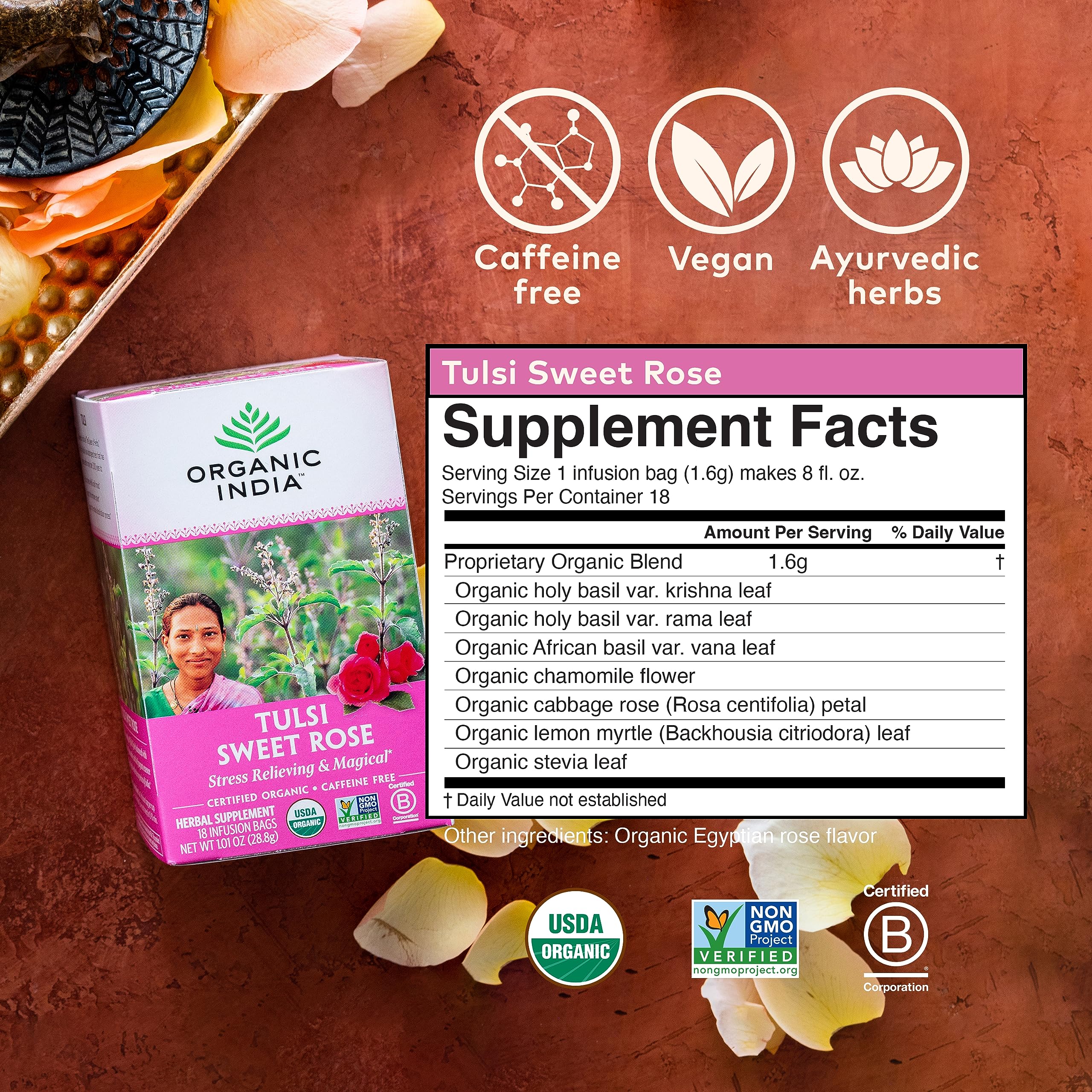 Foto 7 | Té De Hierbas Organic India Tulsi Sweet Rose, 18 Bolsas, Paquete De 3 - Venta Internacional.