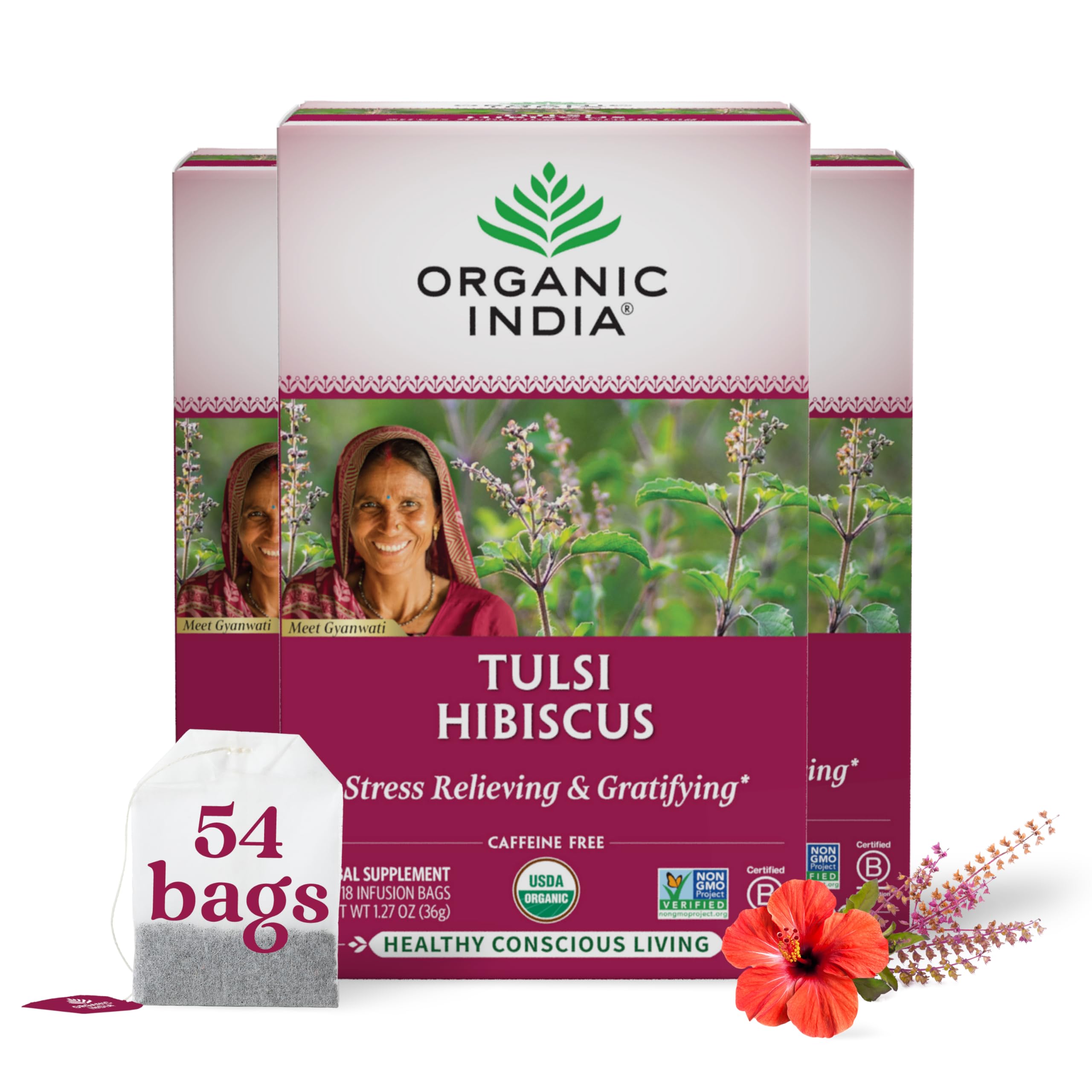 Foto 2 pulgar | Tea Organic India Tulsi Hibiscus Herbal Para Aliviar El Estrés, 18 Bolsas - Venta Internacional.