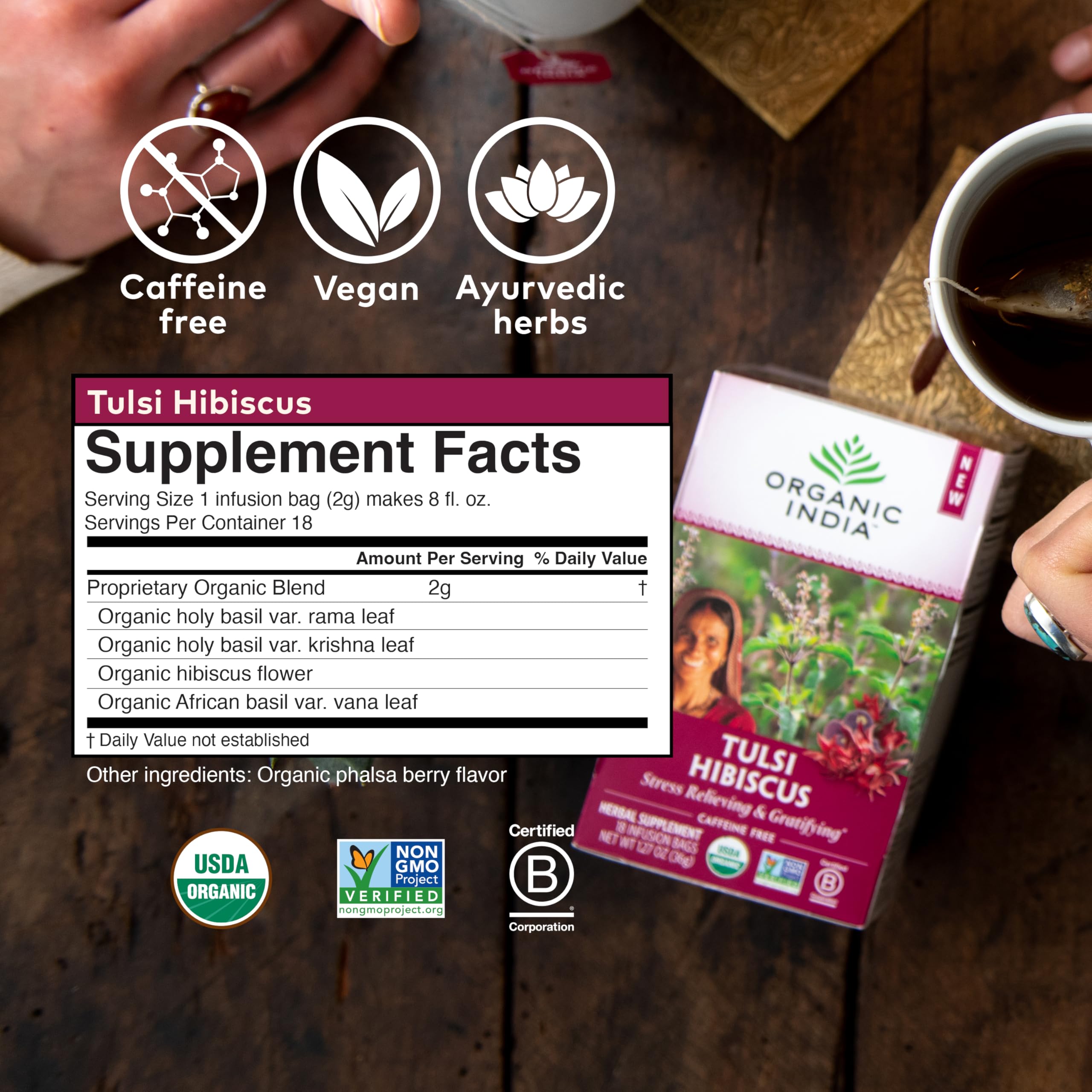 Foto 3 pulgar | Tea Organic India Tulsi Hibiscus Herbal Para Aliviar El Estrés, 18 Bolsas - Venta Internacional.