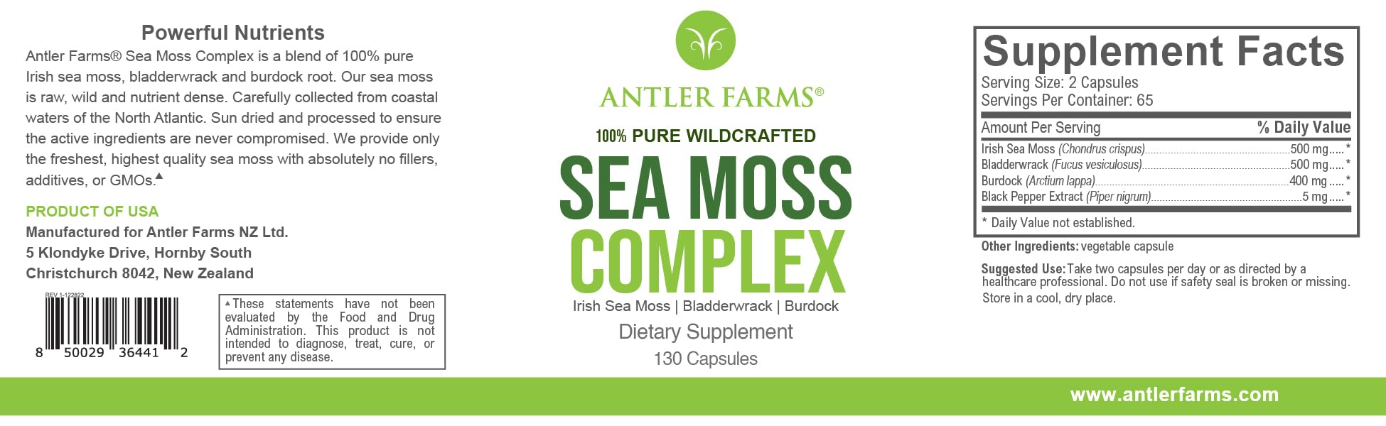 Foto 3 pulgar | Suplemento Antler Farms Sea Moss Complex 130 Cápsulas - Venta Internacional.