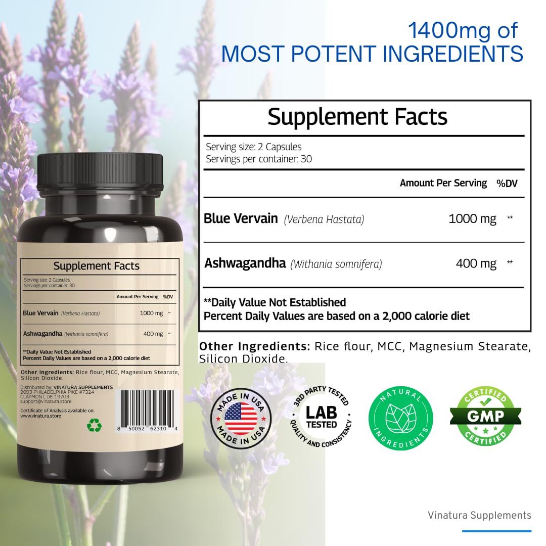 Foto 3 pulgar | Suplemento Vinatura Blue Vervain Advanced Con Ashwagandha 60 Cápsulas - Venta Internacional.
