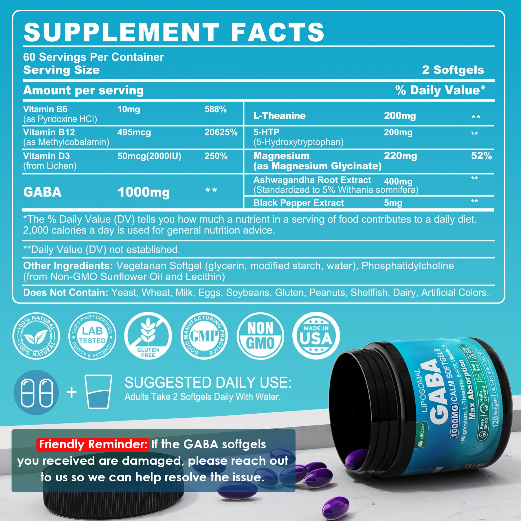 Foto 3 pulgar | Suplemento Lilicare Gaba 1000 Mg En Forma Liposomal, 120 Cápsulas Blandas - Venta Internacional.