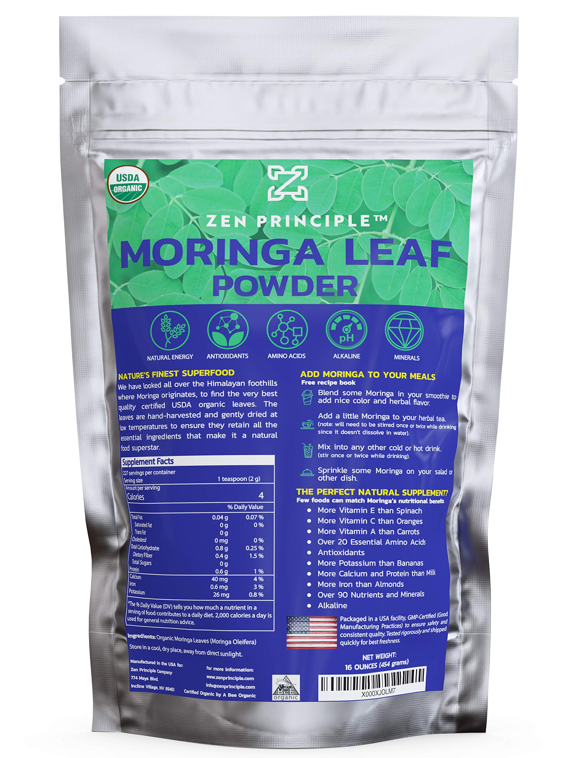 Foto 2 pulgar | Polvo De Hojas De Moringa Oleifera Zen Principle, 500 G, Orgánico - Venta Internacional.