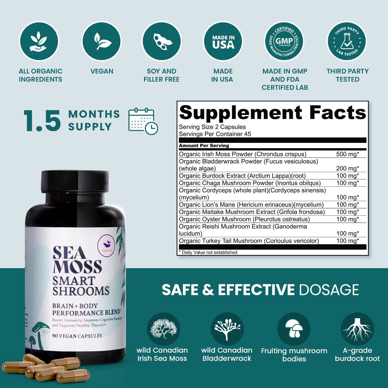 Foto 4 pulgar | Suplemento Happy Fox Irish Sea Moss & Mushroom 1500 Mg 90 Cápsulas - Venta Internacional.
