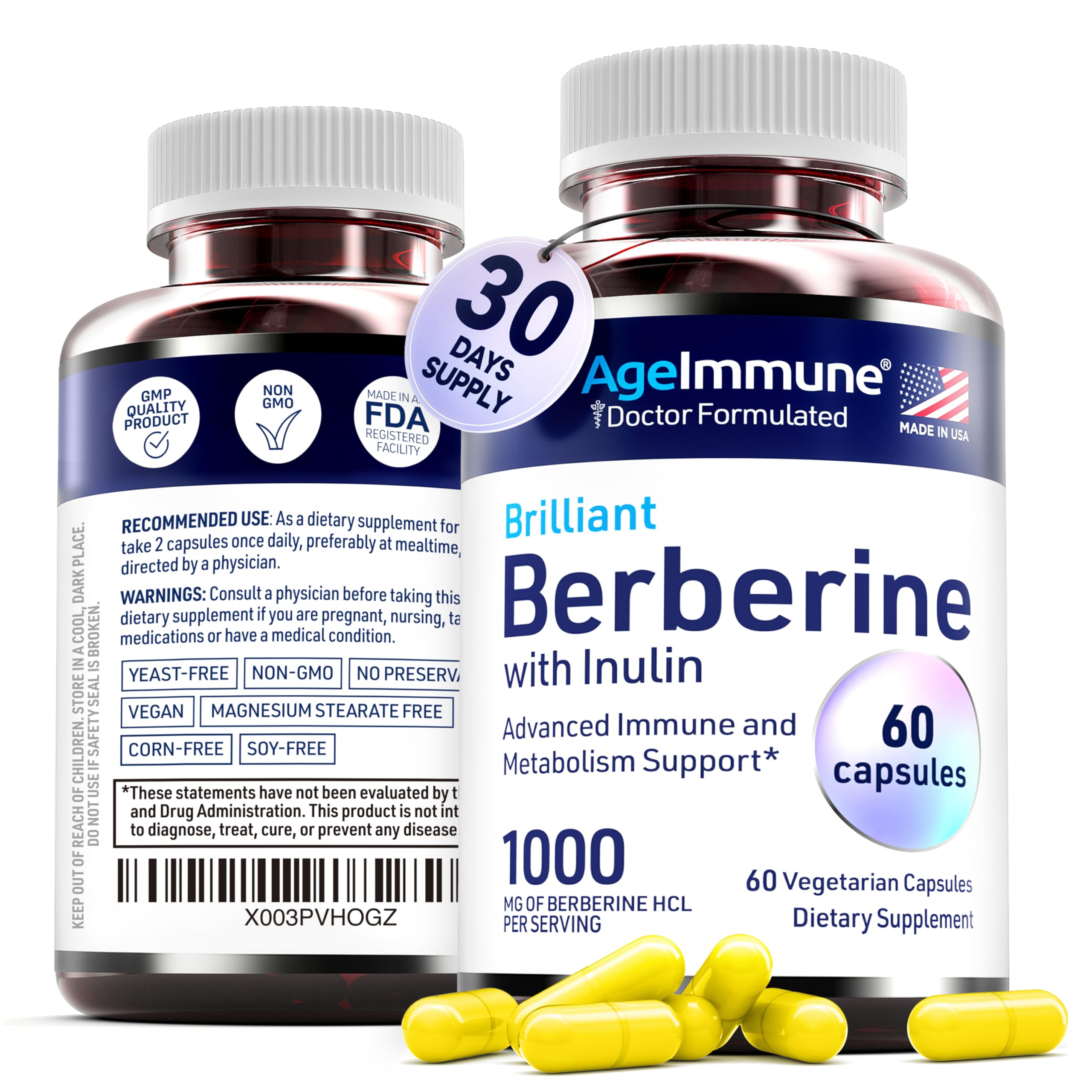 Foto 3 pulgar | Suplemento Ageimmune Berberine 1000 Mg Con Prebiótico De Inulina - Venta Internacional.