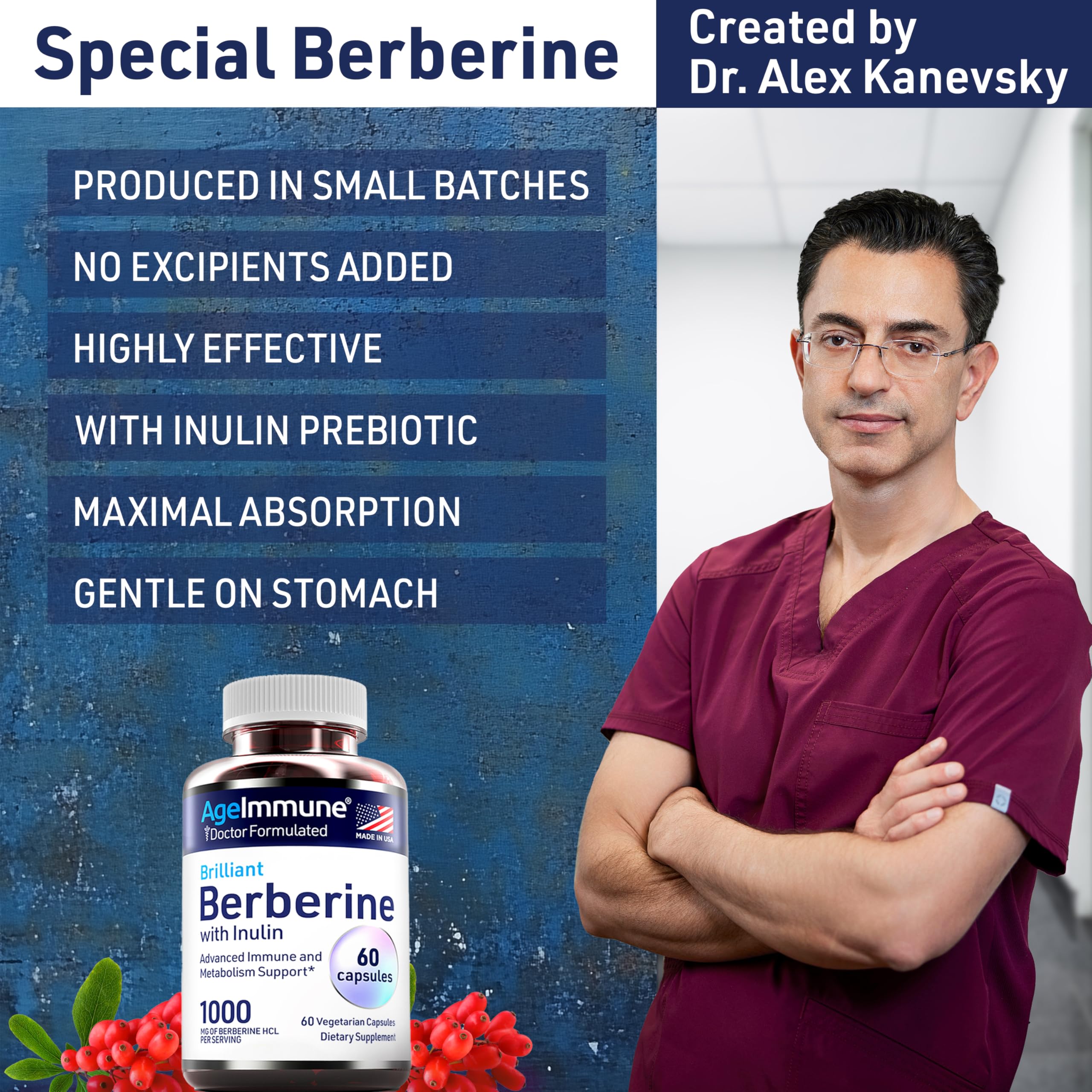Foto 5 pulgar | Suplemento Ageimmune Berberine 1000 Mg Con Prebiótico De Inulina - Venta Internacional.