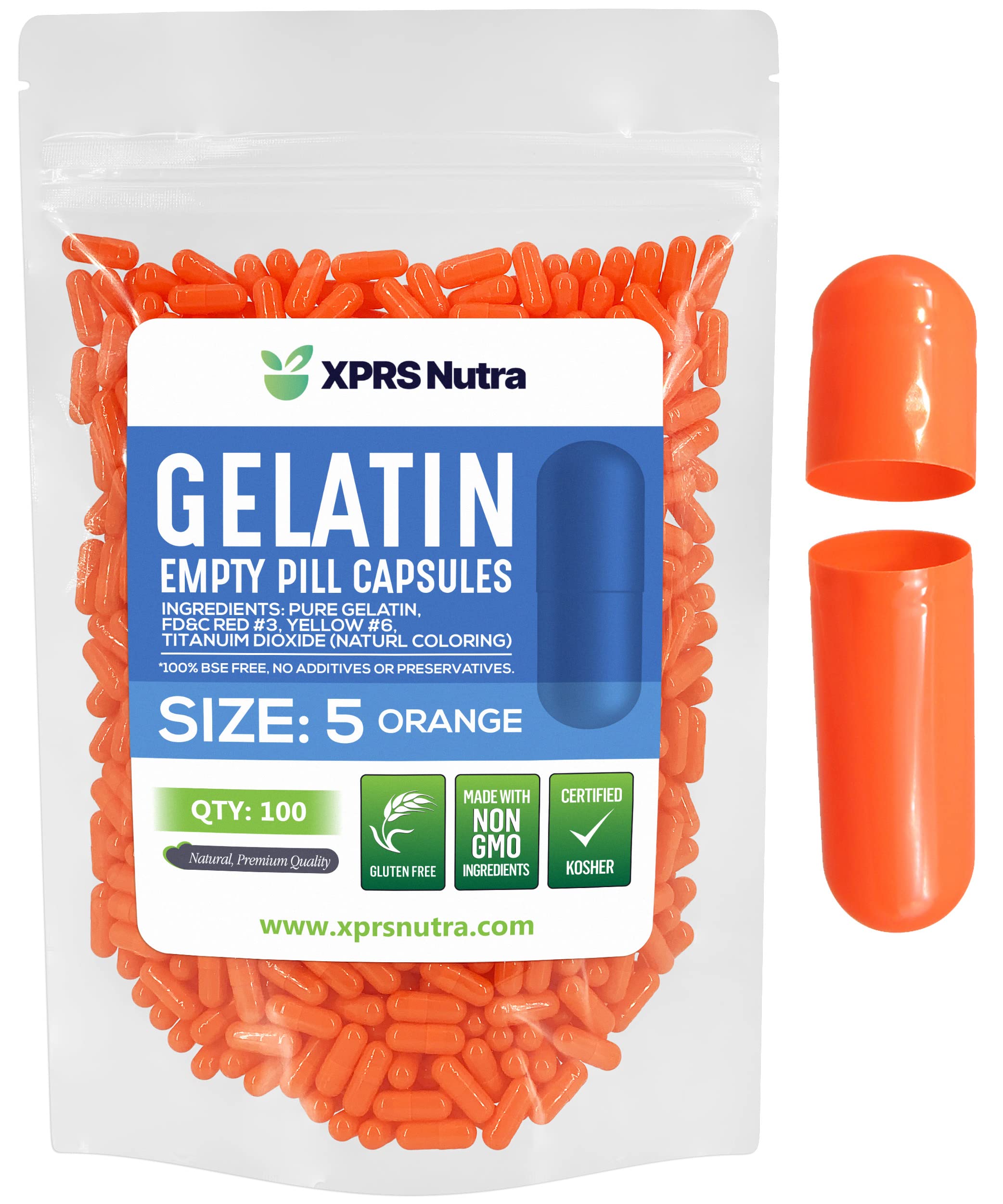 Cápsulas Vacías Xprs Nutra, Tamaño 5, 100 Unidades, Gelatina Naranja - Venta Internacional.