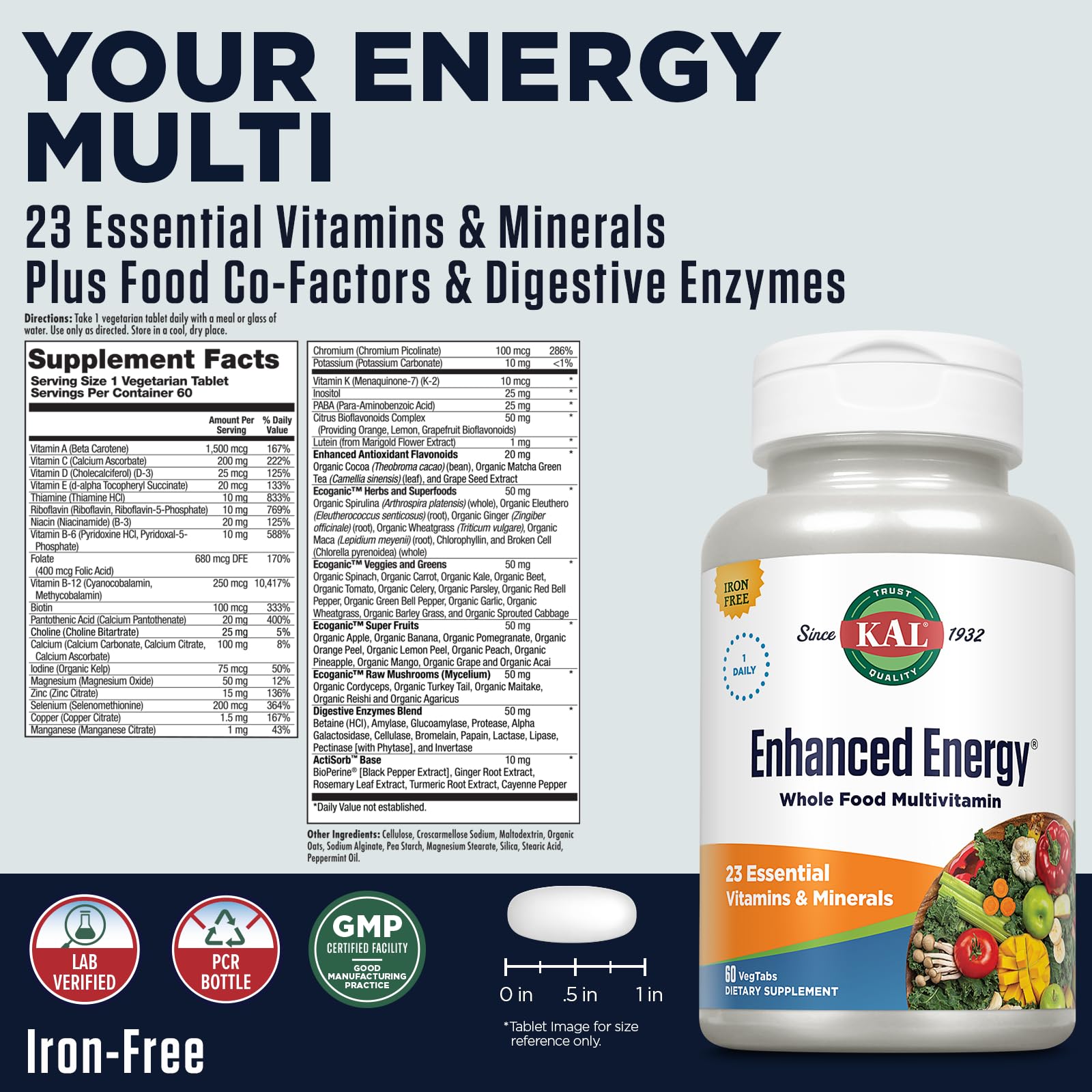Foto 3 pulgar | Suplementos Multivitamínicos Kal Enhanced Energy Una Vez Al Día, 60 Tabletas - Venta Internacional.