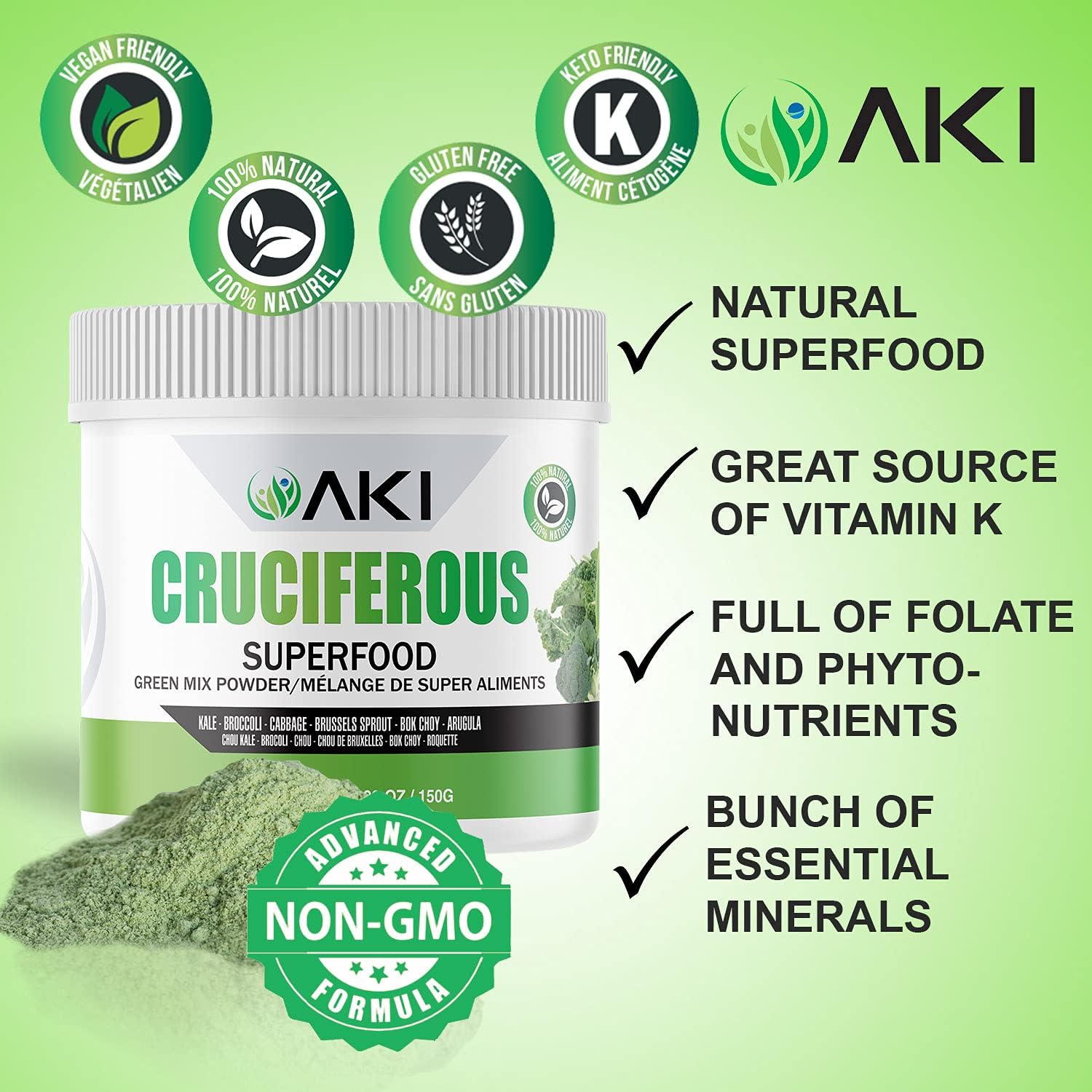 Foto 6 pulgar | Crucíferos en Polvo Mezcla Verde Superalimentos Aki Organic 5.3 Oz - Venta Internacional
