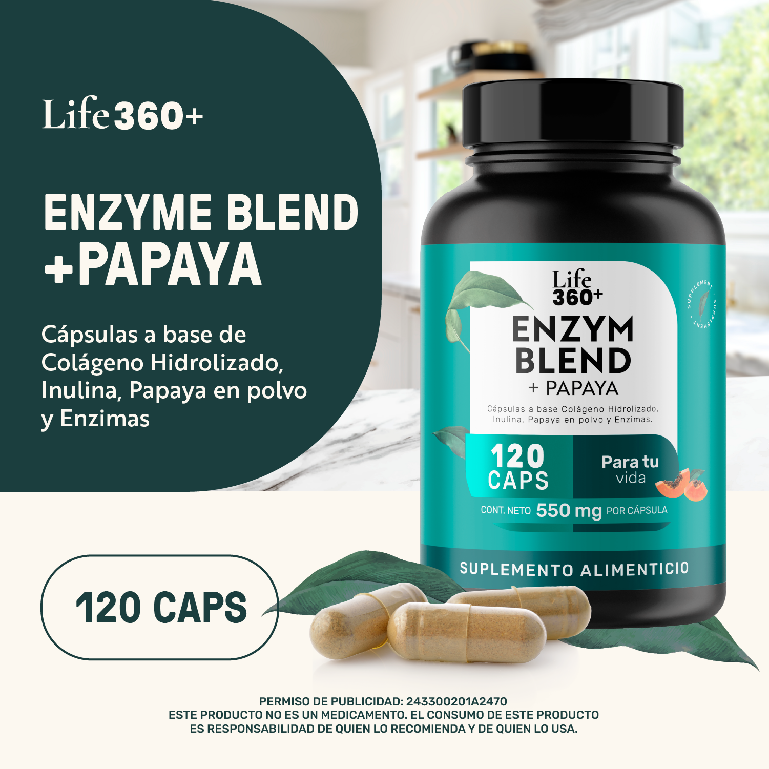 Foto 6 pulgar | Enzym Blend Life 360+ 120 Cápsulas Bromelina Papaína Lipasa