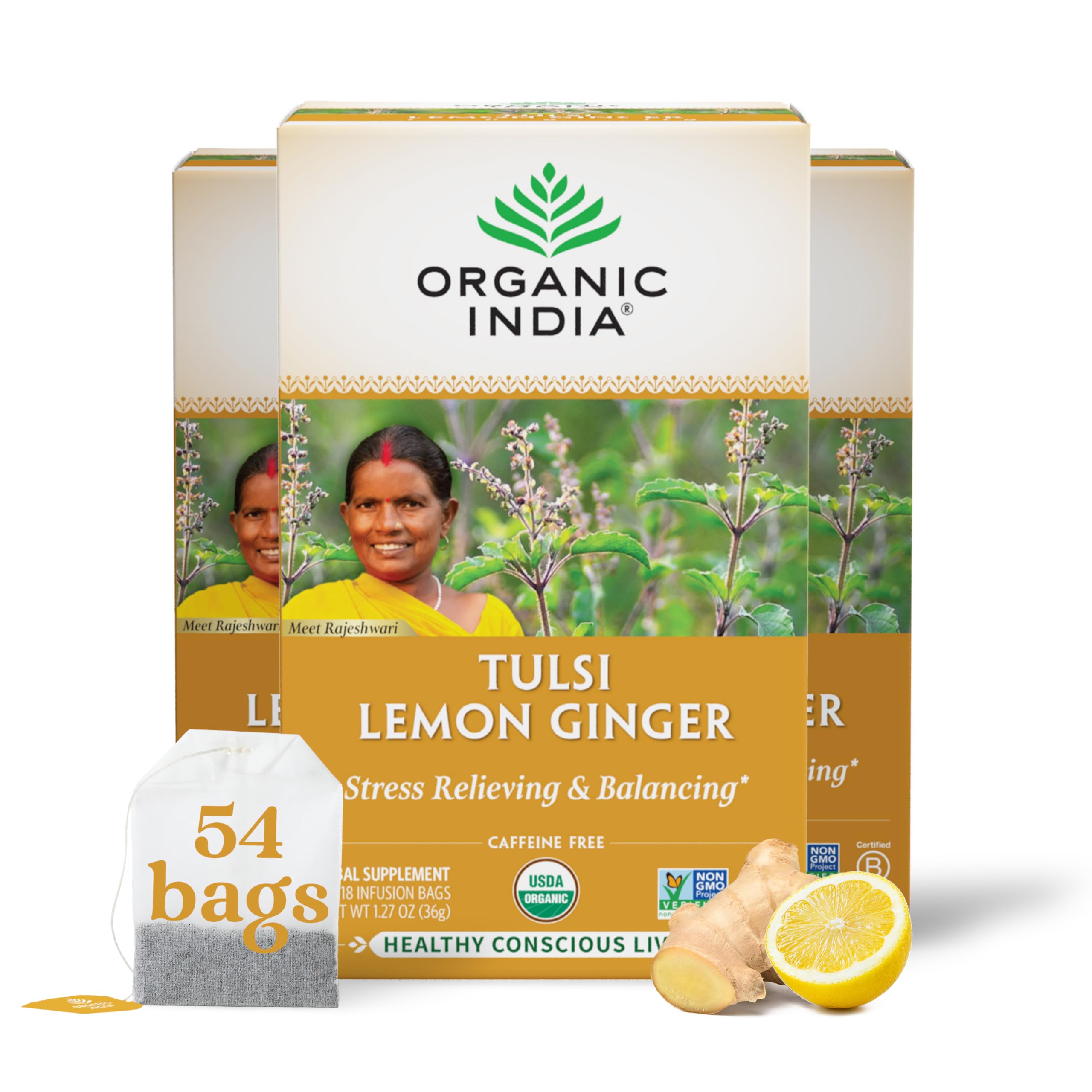 Foto 2 pulgar | Tea Organic India Tulsi Limón y Jengibre Hierbas 54 Bolsas, 3 Paquetes - Venta Internacional