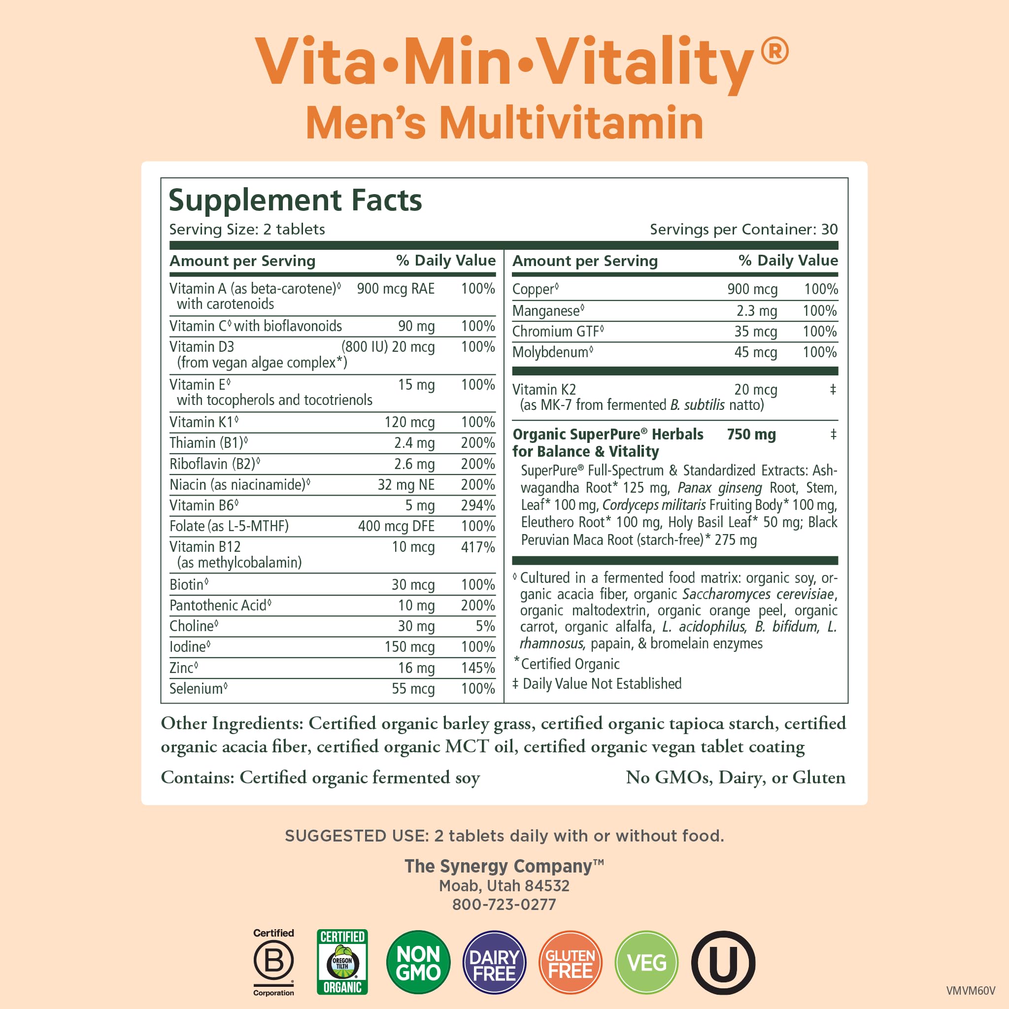 Foto 2 | Multivitamínico Pure Synergy Vita-Min-Vitality Men 60 Comprimidos - Venta Internacional
