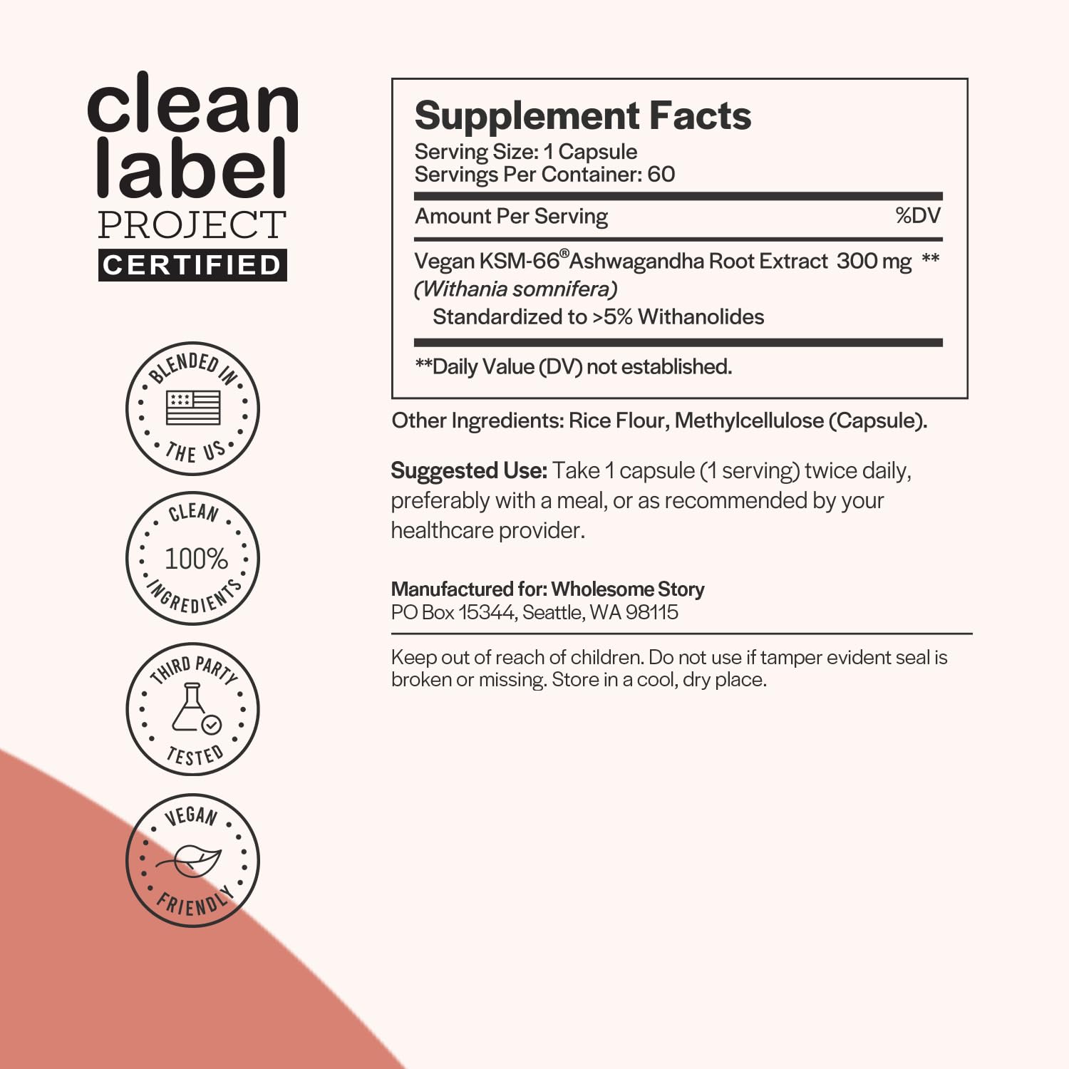 Foto 3 pulgar | Suplementos de Ashwagandha Vegana Wholesome Story 300 mg 60 Cápsulas - Venta Internacional