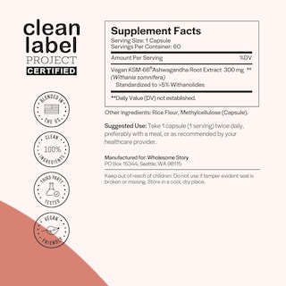 Foto 2 | Suplementos de Ashwagandha Vegana Wholesome Story 300 mg 60 Cápsulas - Venta Internacional
