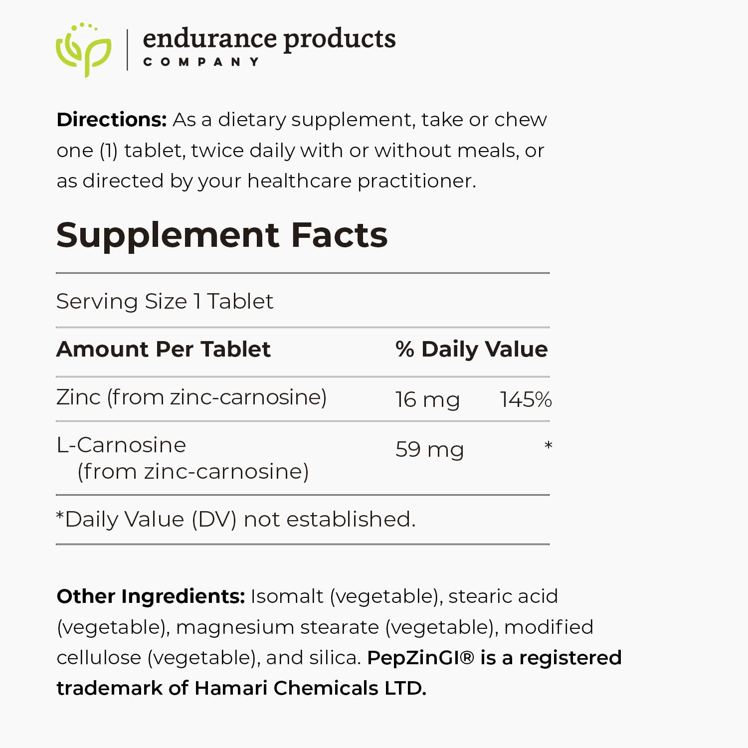 Foto 7 pulgar | Suplemento Endurance Products Zinc Carnosine de 60 Tabletas-Venta Internacional