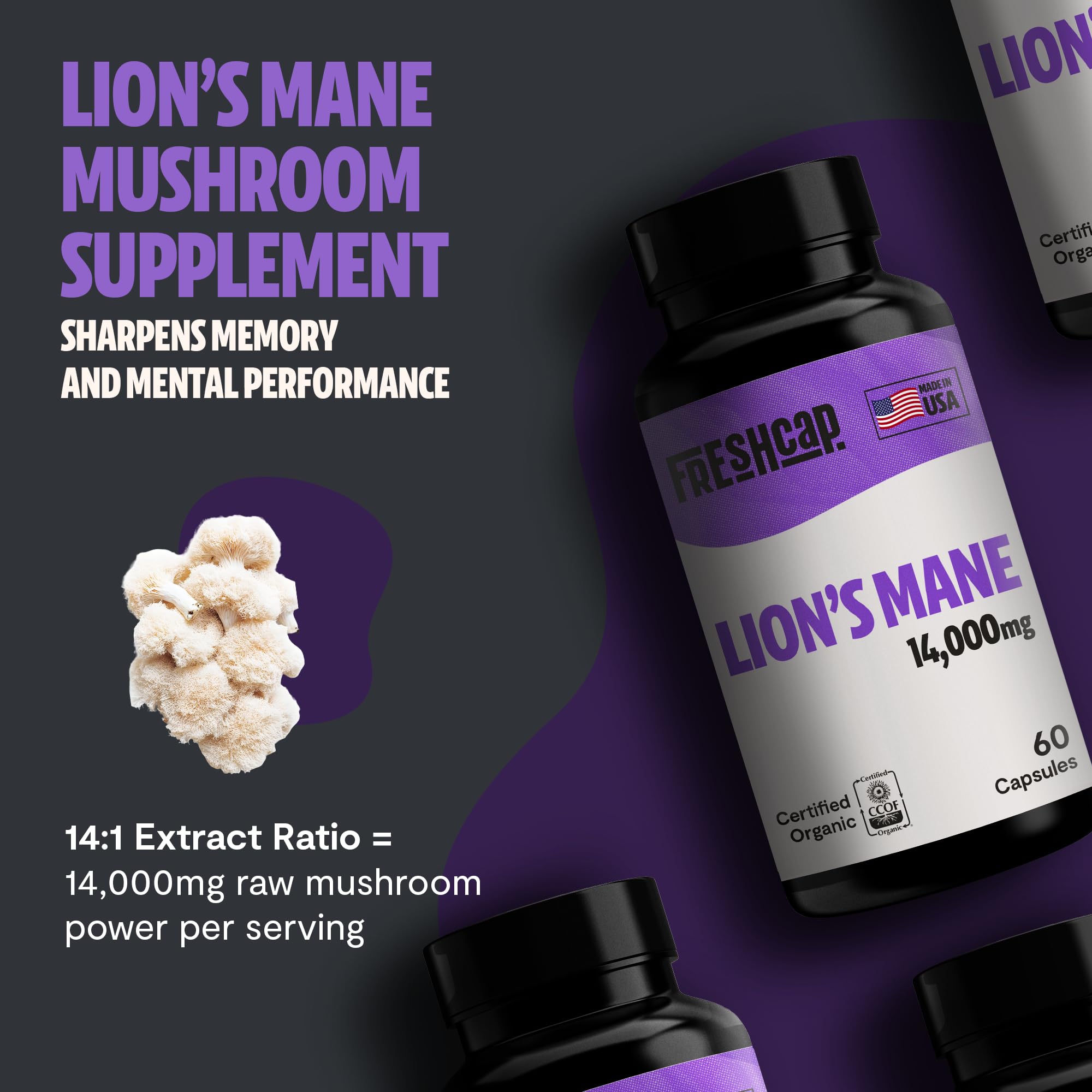 Foto 3 pulgar | Suplemento Freshcap Lions Mane De 14.000 Mg Para Memory 60 Cápsulas - Venta Internacional.