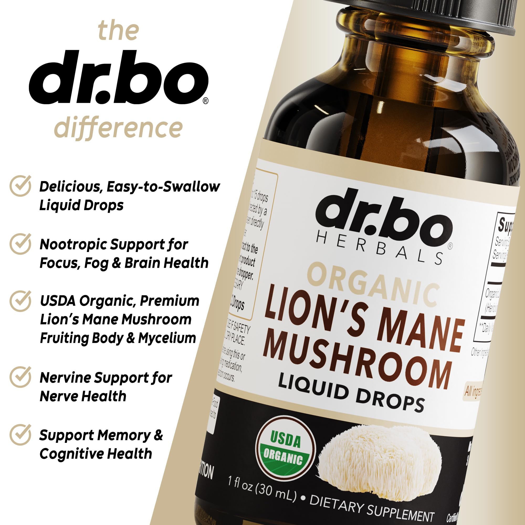 Foto 5 pulgar | Suplemento En Gotas Dr. Bo Lions Mane Mushroom, 30 Ml, Orgánico - Venta Internacional.