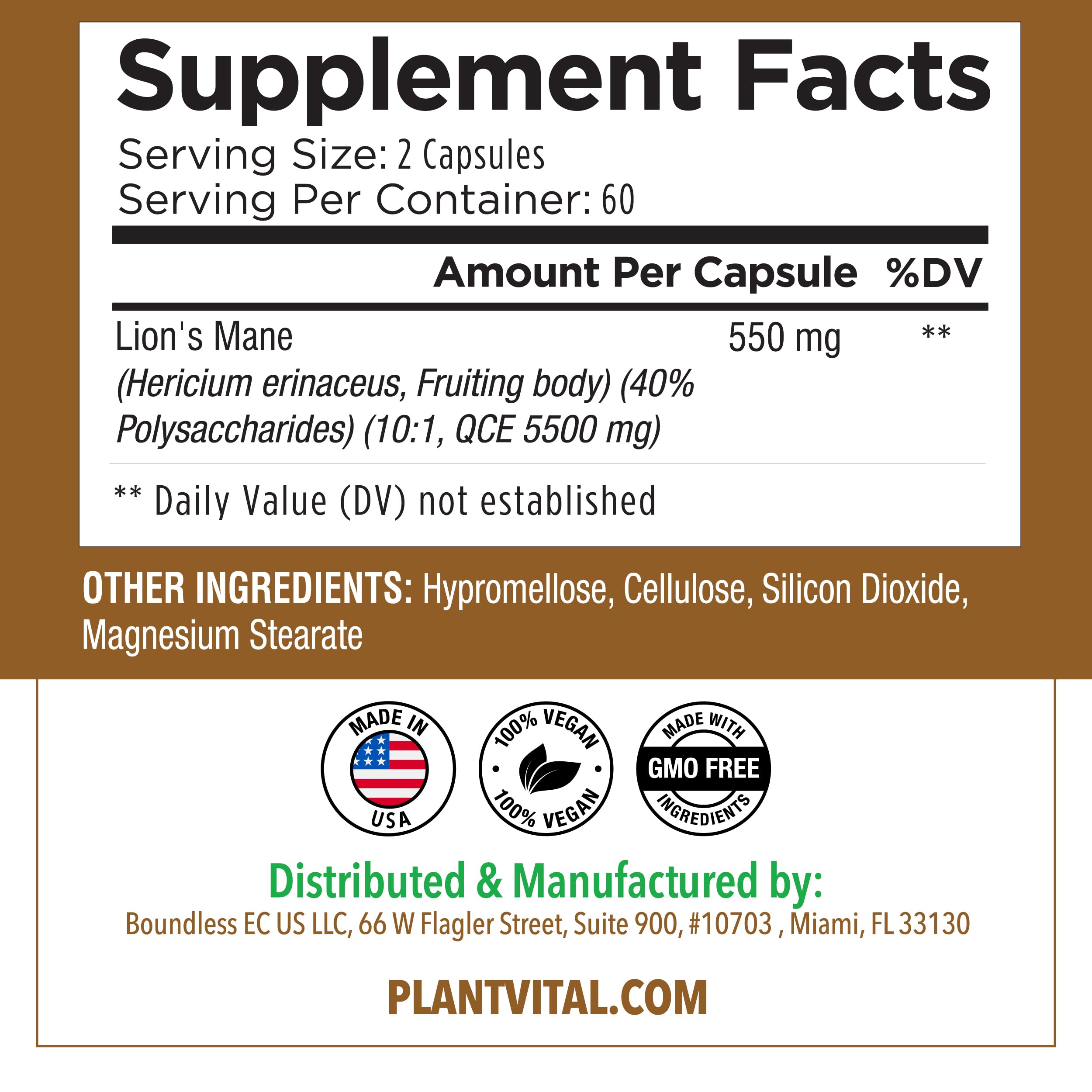 Foto 8 pulgar | Suplemento Plantvital Lion's Mane Mushroom, 1000 Mg, 120 Cápsulas - Venta Internacional.