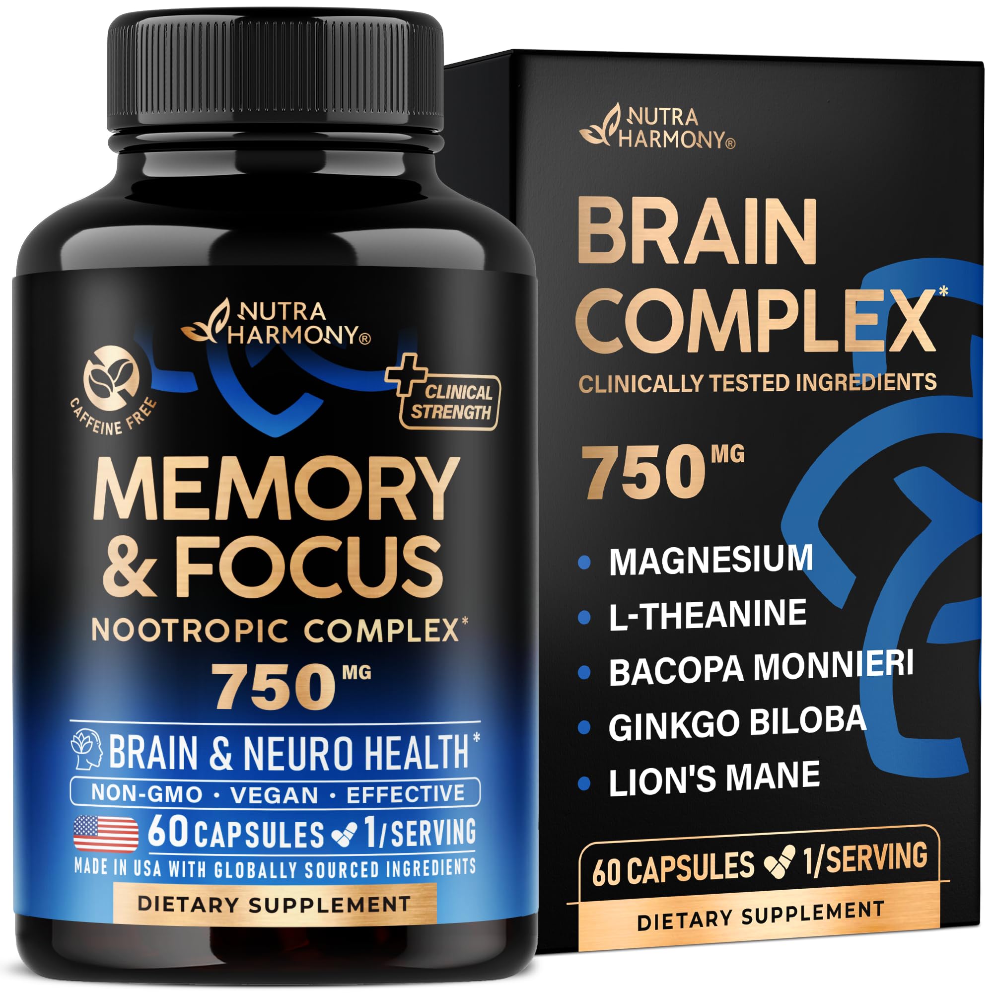 Foto 2 pulgar | Suplemento Nutraharmony Brain Memory Focus 750 Mg 60 Cápsulas - Venta Internacional.