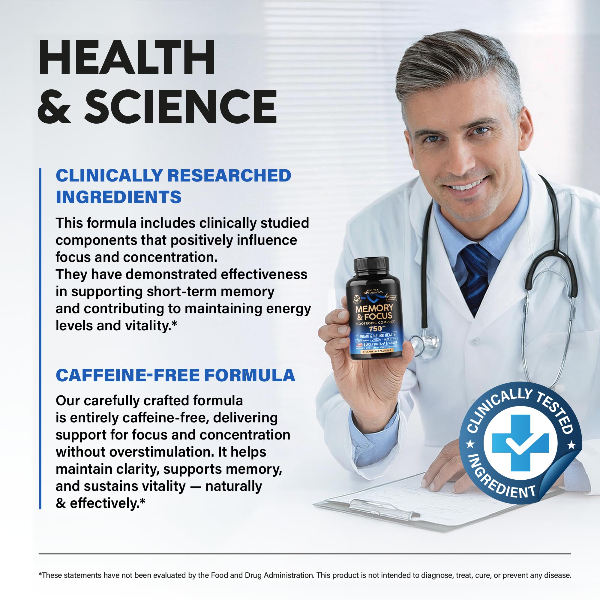 Foto 4 pulgar | Suplemento Nutraharmony Brain Memory Focus 750 Mg 60 Cápsulas - Venta Internacional.
