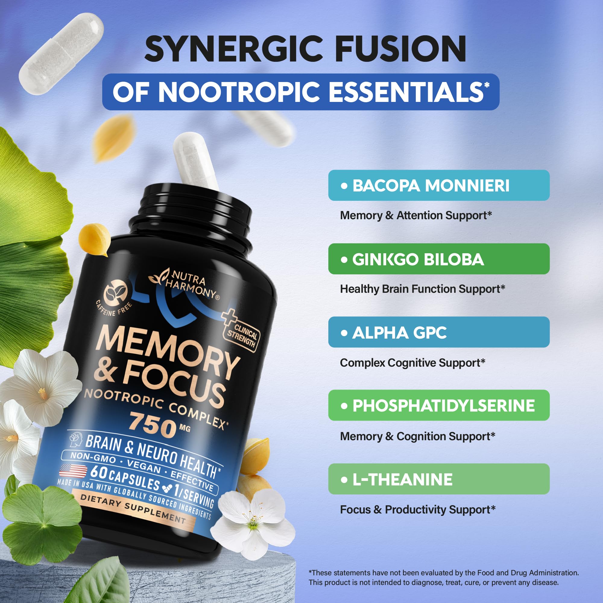 Foto 4 | Suplemento Nutraharmony Brain Memory Focus 750 Mg 60 Cápsulas - Venta Internacional.